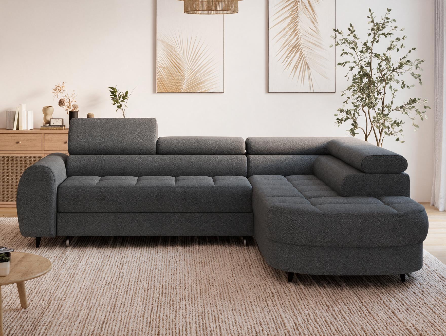 Canapé d'angle convertible design ALESIA avec coffre de rangement - Bouclette chinée gris foncé - vue 5