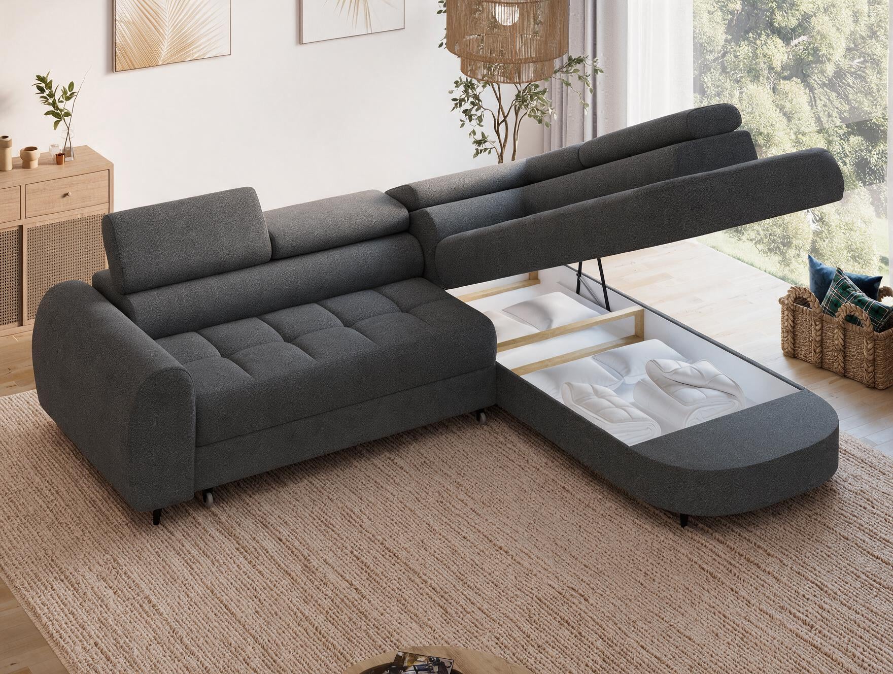 Canapé d'angle convertible design ALESIA avec coffre de rangement - Bouclette chinée gris foncé - vue 9