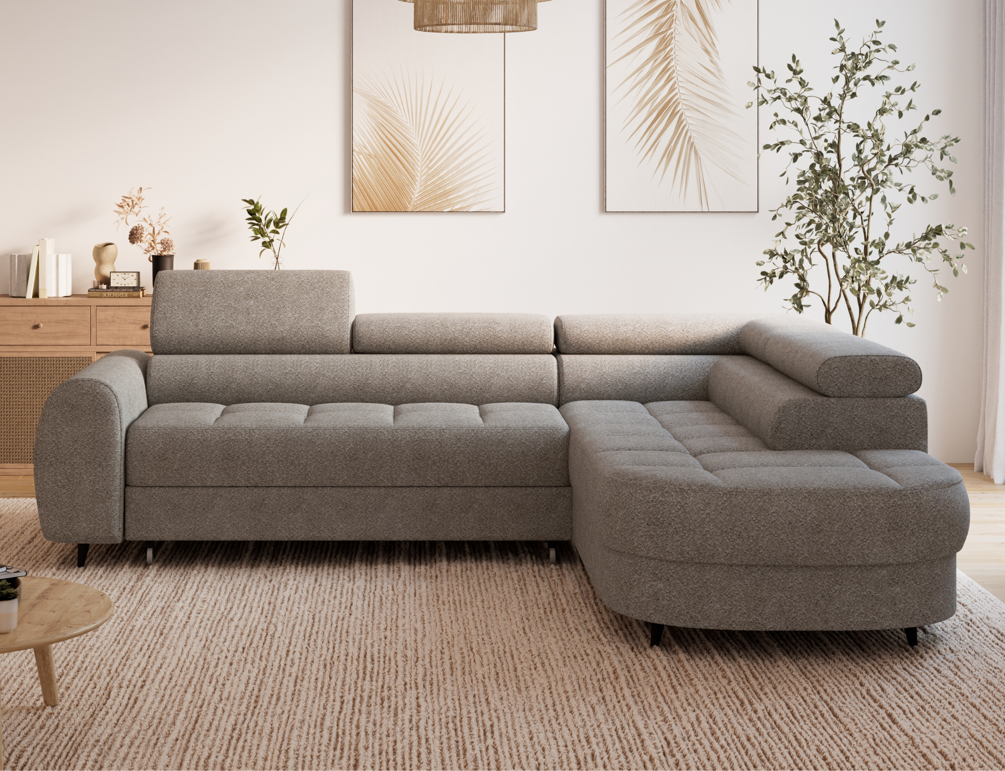 Canapé d'angle convertible design ALESIA avec coffre de rangement - Bouclette chinée taupe - vue 3