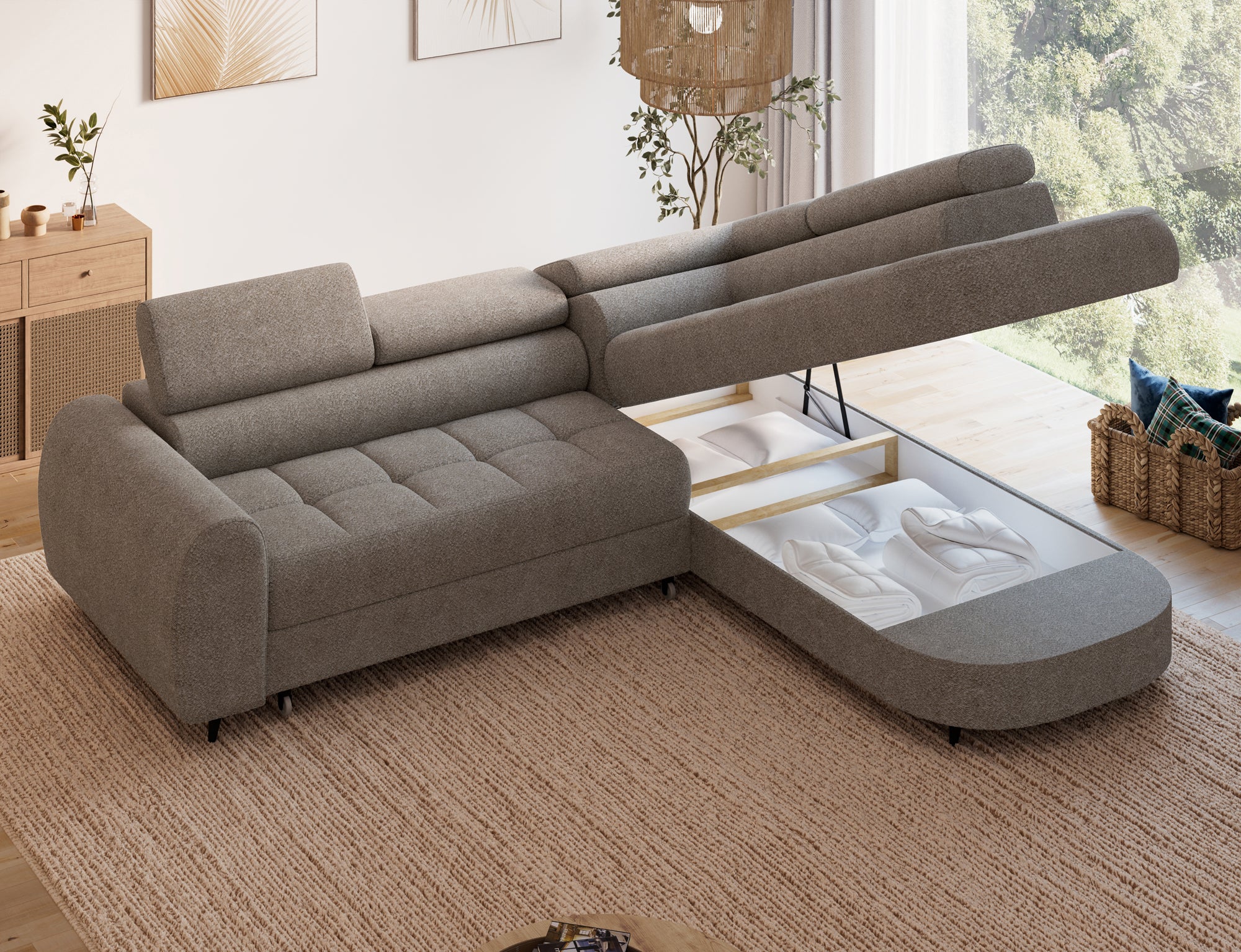 Canapé d'angle convertible design ALESIA avec coffre de rangement - Bouclette chinée taupe - vue 9