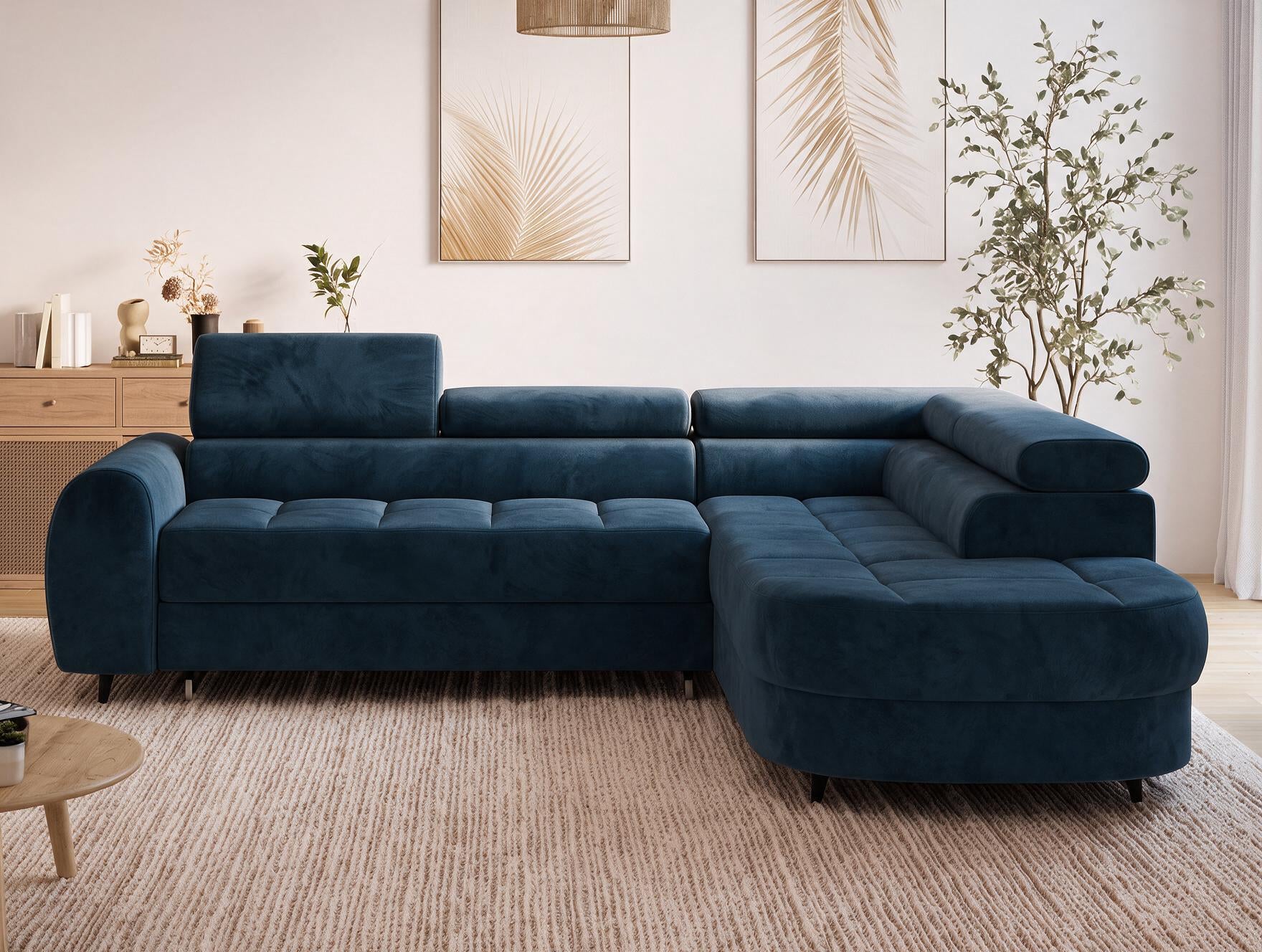 Canapé d'angle convertible design ALESIA avec coffre de rangement - Velours bleu marine - vue 14