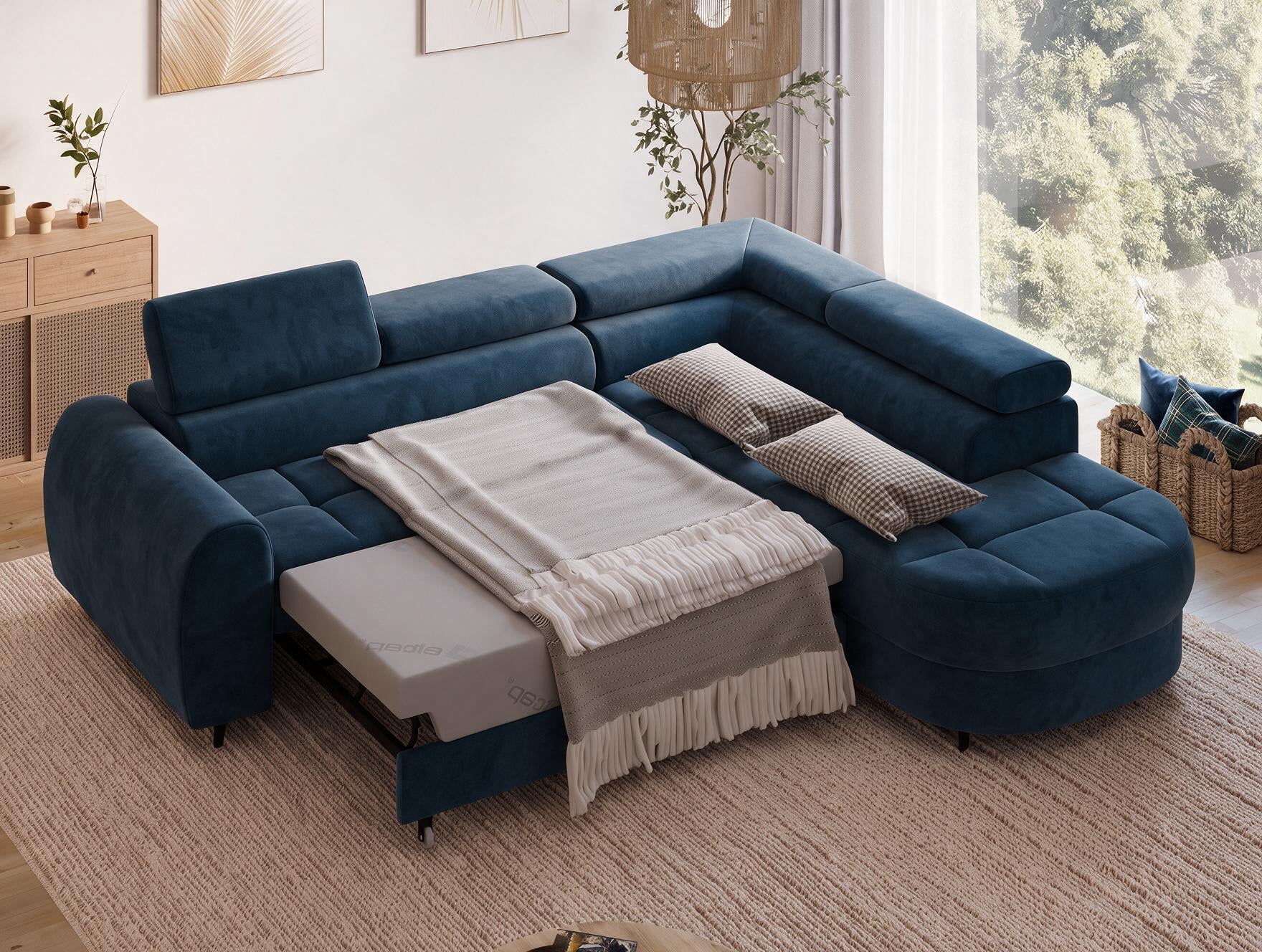 Canapé d'angle convertible design ALESIA avec coffre de rangement - Velours bleu marine - vue 2