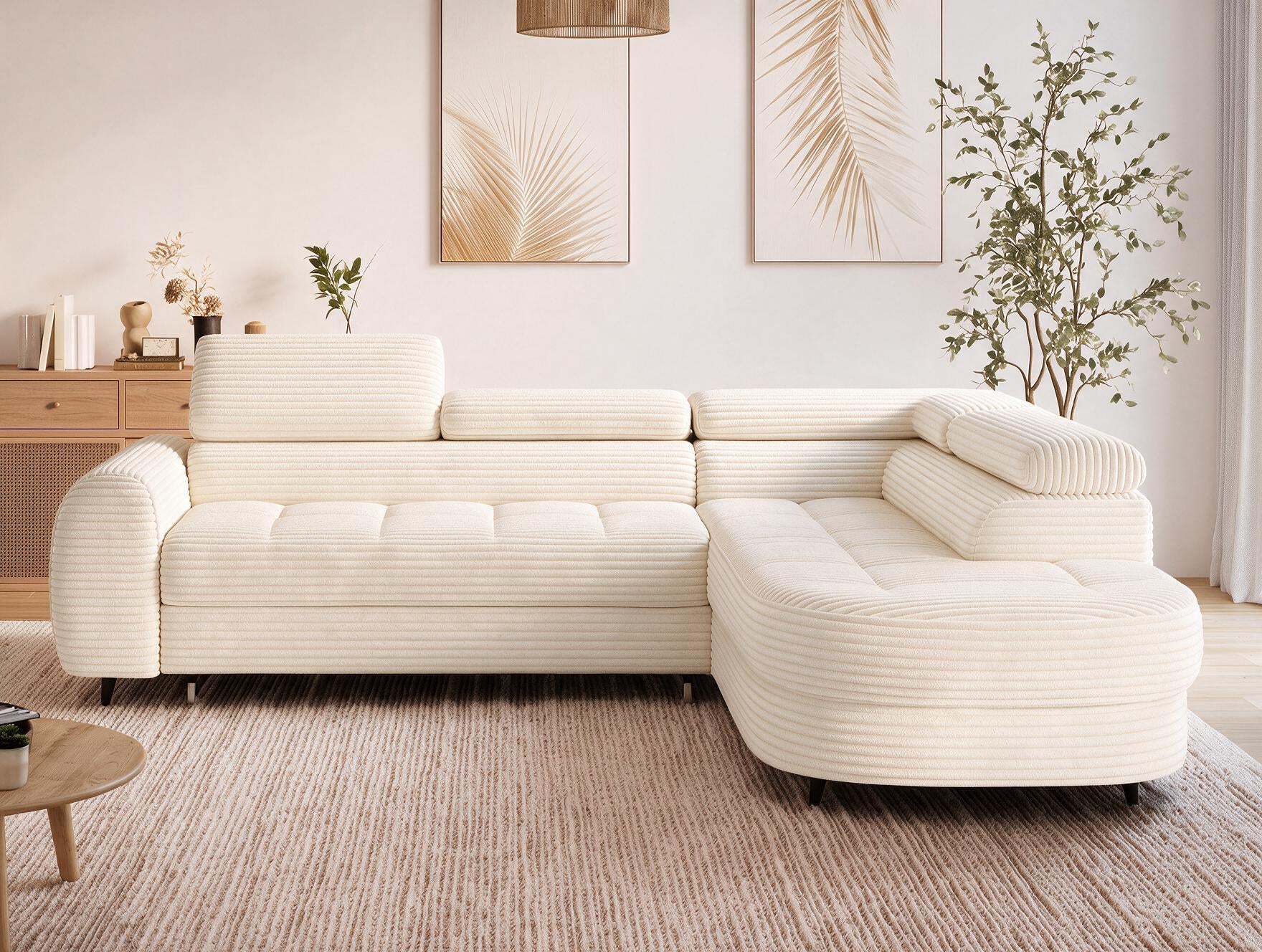 Canapé d'angle convertible design ALESIA avec coffre de rangement - Velours côtelé épais beige - vue 6