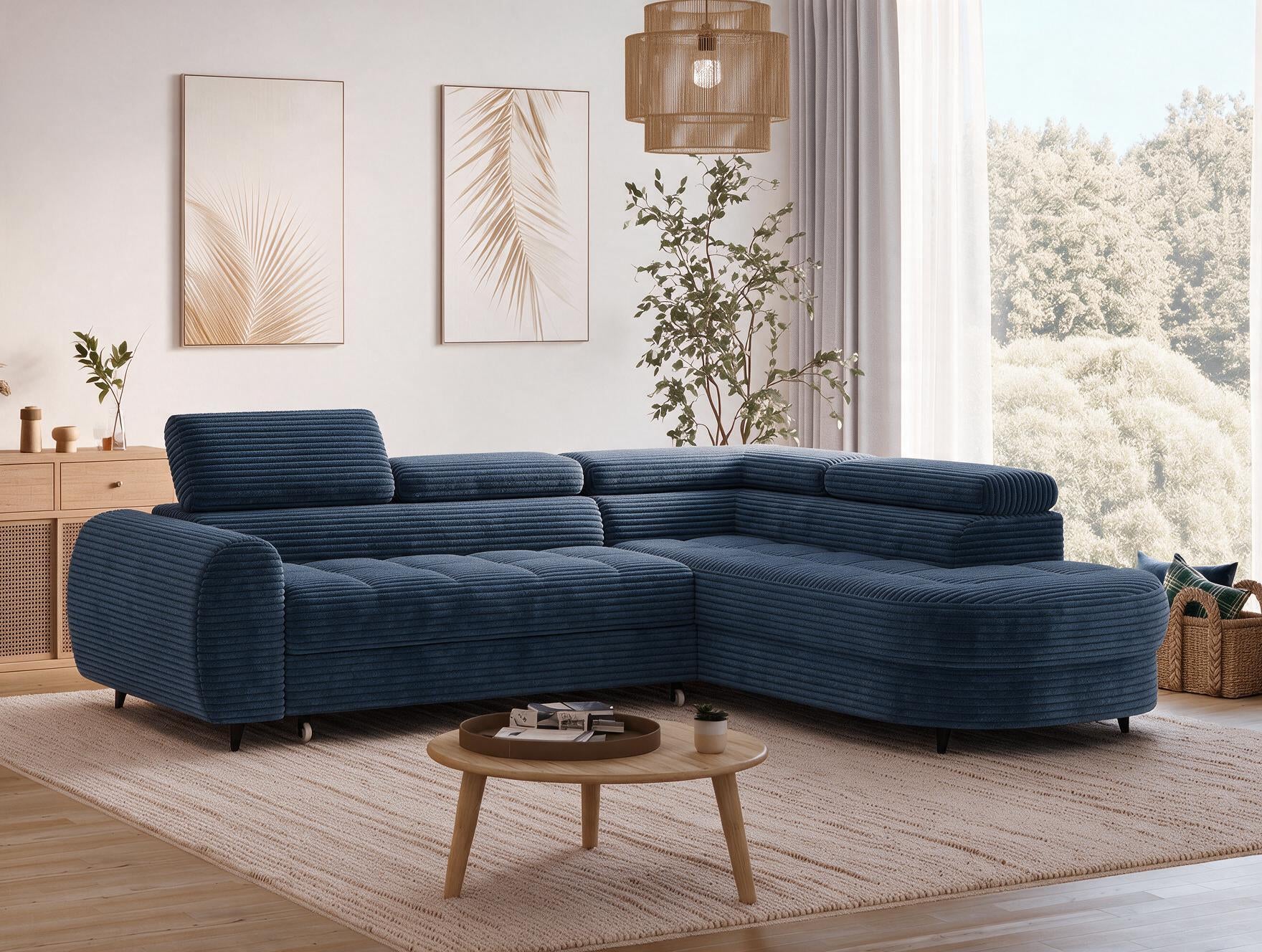 Canapé d'angle convertible design ALESIA avec coffre de rangement - Velours côtelé épais bleu - vue 6