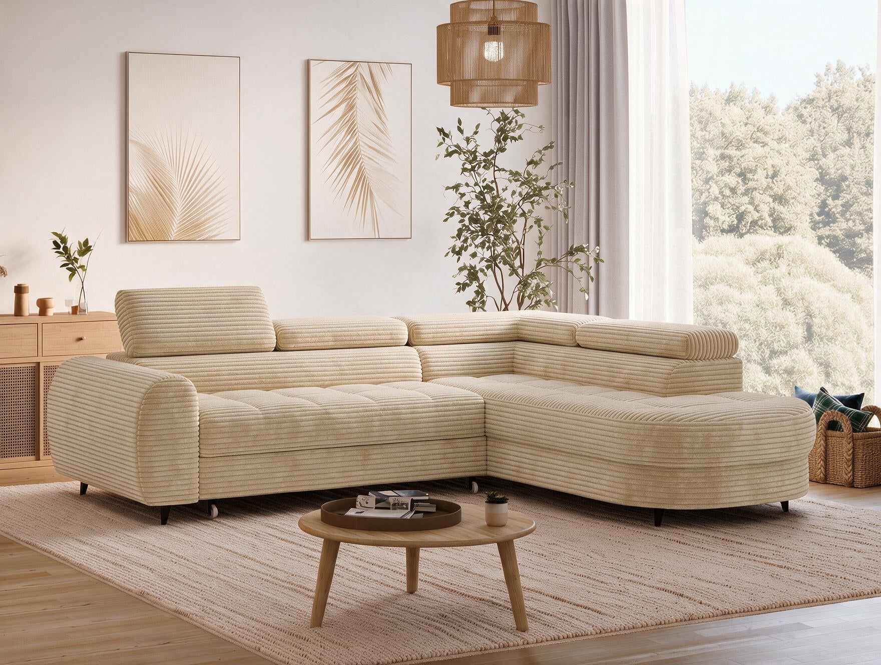 Canapé d'angle convertible design ALESIA avec coffre de rangement - Velours côtelé épais camel - vue 6