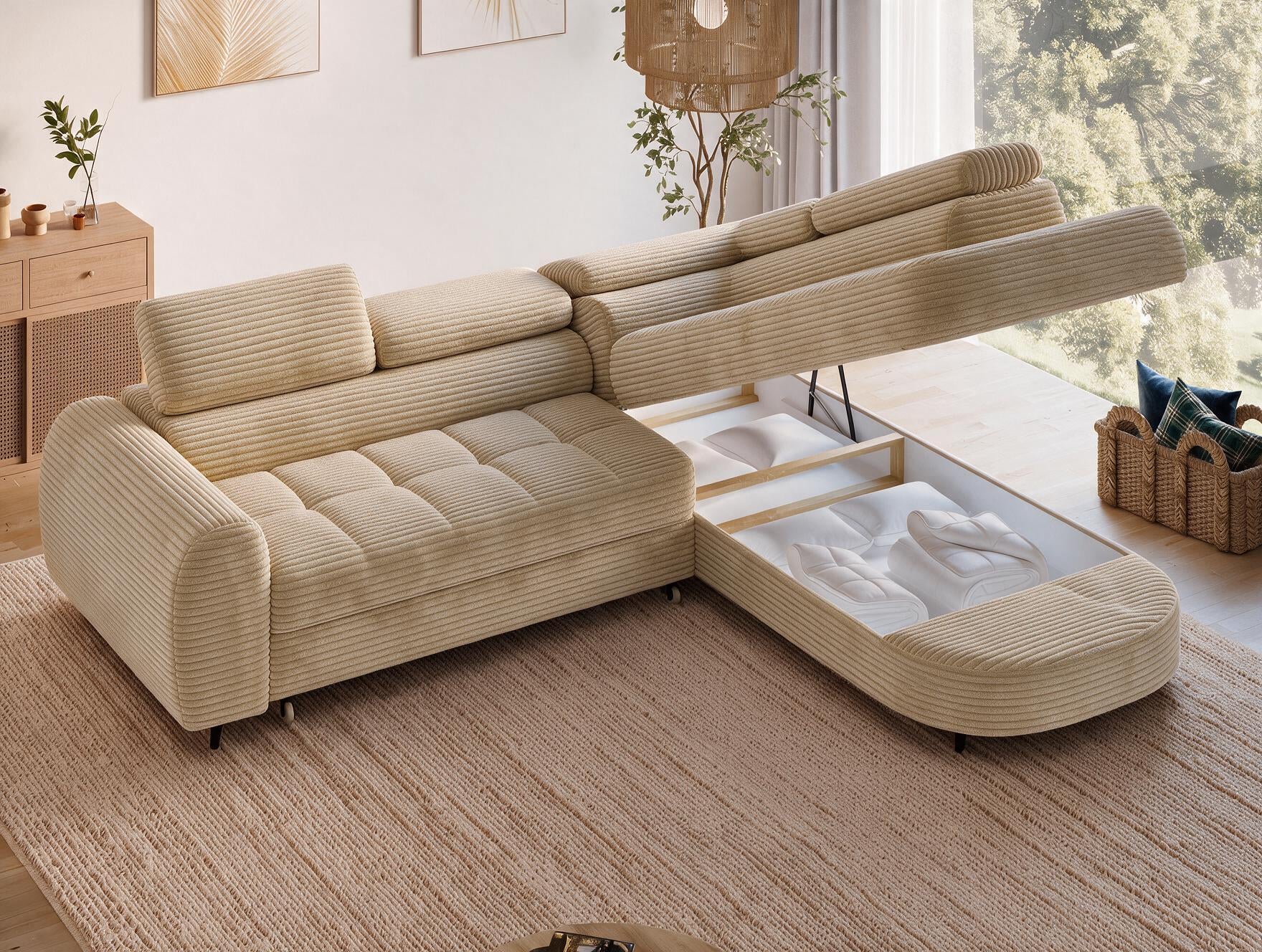 Canapé d'angle convertible design ALESIA avec coffre de rangement - Velours côtelé épais camel - vue 9