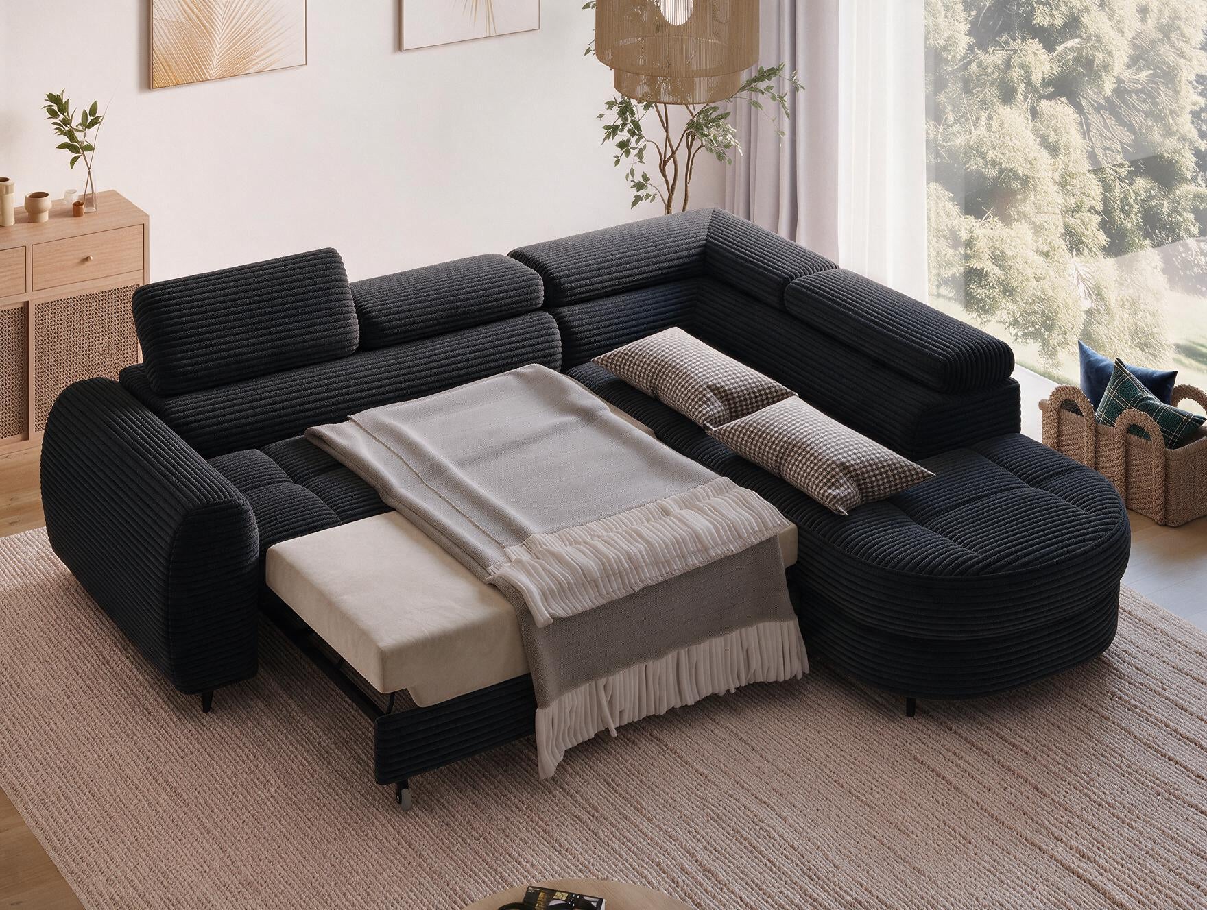 Canapé d'angle convertible design ALESIA avec coffre de rangement - Velours côtelé épais noir - vue 2