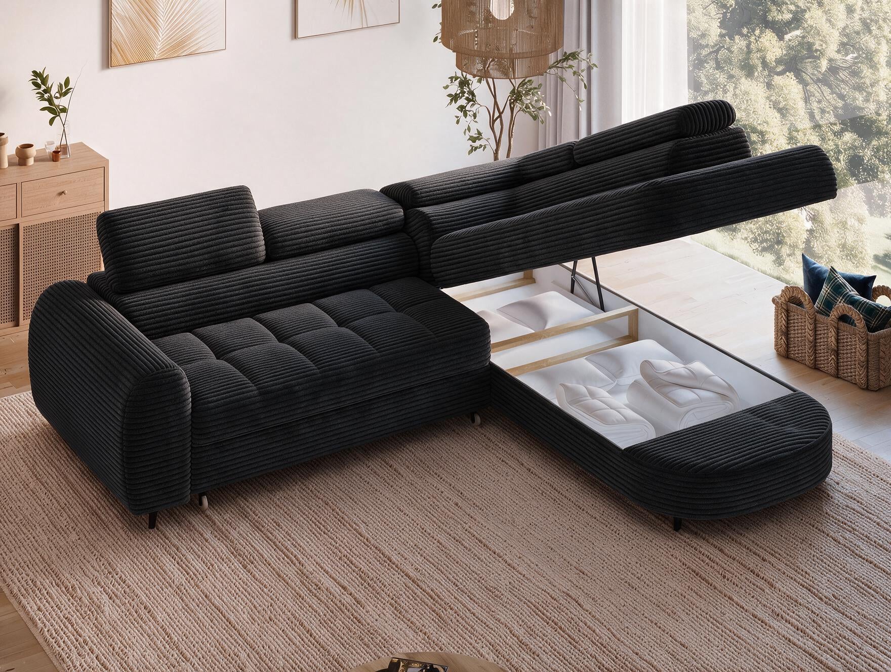 Canapé d'angle convertible design ALESIA avec coffre de rangement - Velours côtelé épais noir - vue 9