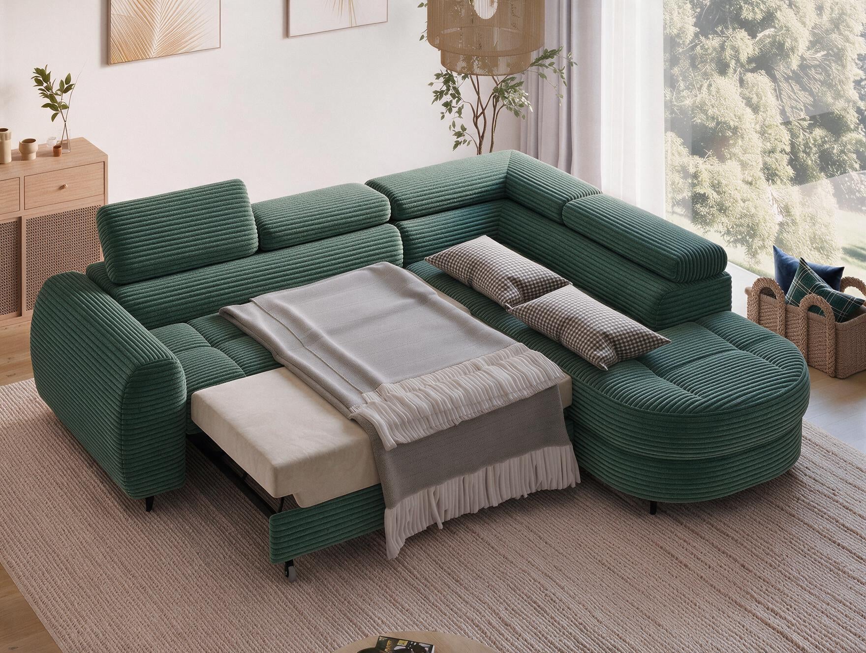 Canapé d'angle convertible design ALESIA avec coffre de rangement - Velours côtelé épais vert - vue 2