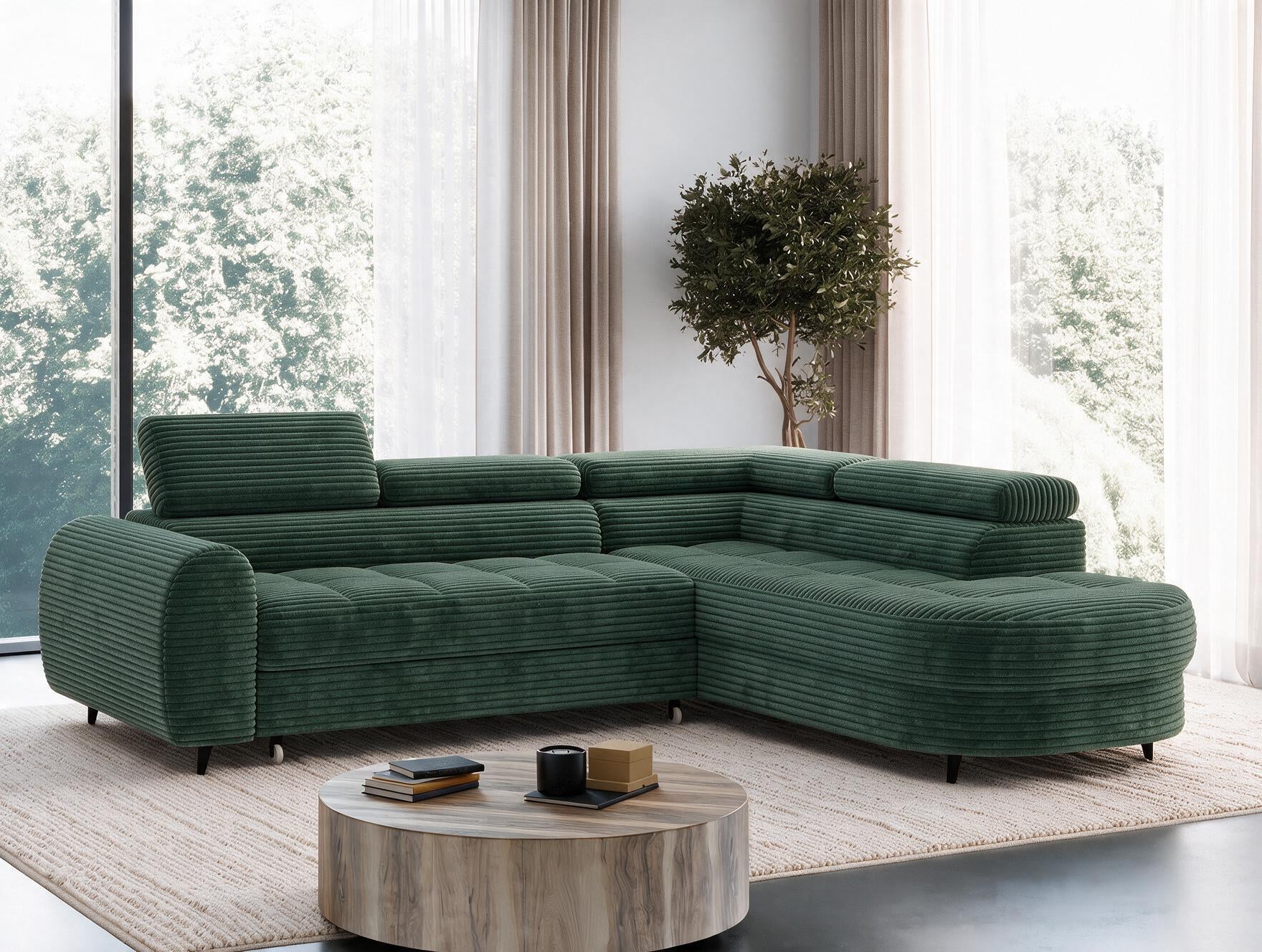 Canapé d'angle convertible design ALESIA avec coffre de rangement - Velours côtelé épais vert - vue 5
