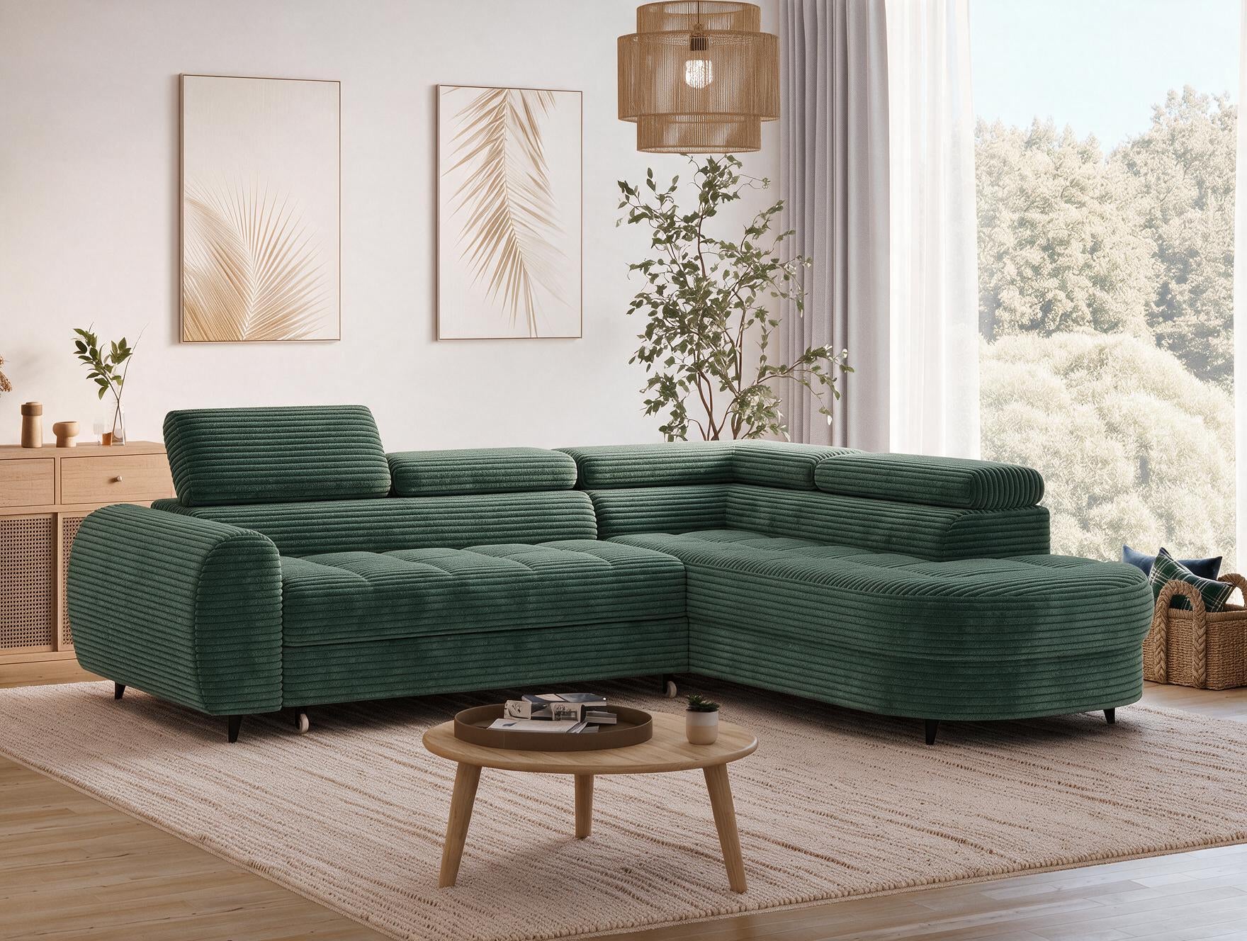 Canapé d'angle convertible design ALESIA avec coffre de rangement - Velours côtelé épais vert - vue 6