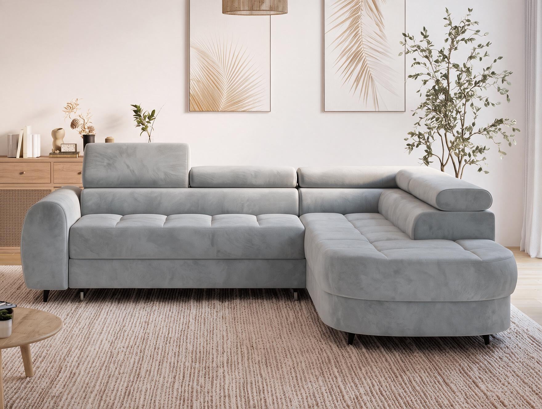 Canapé d'angle convertible design ALESIA avec coffre de rangement - Velours gris clair - vue 14