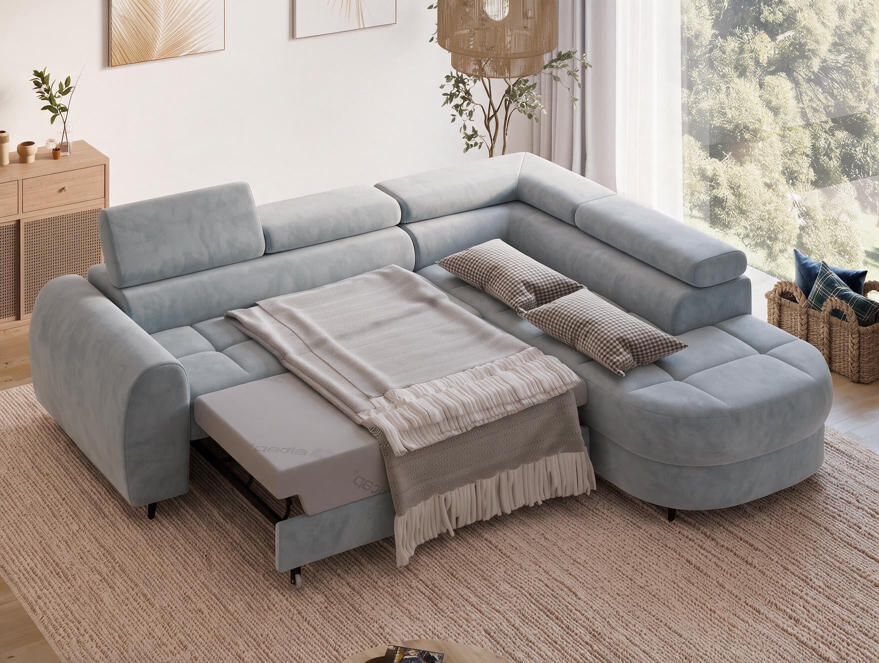 Canapé d'angle convertible design ALESIA avec coffre de rangement - Velours gris clair - vue 2