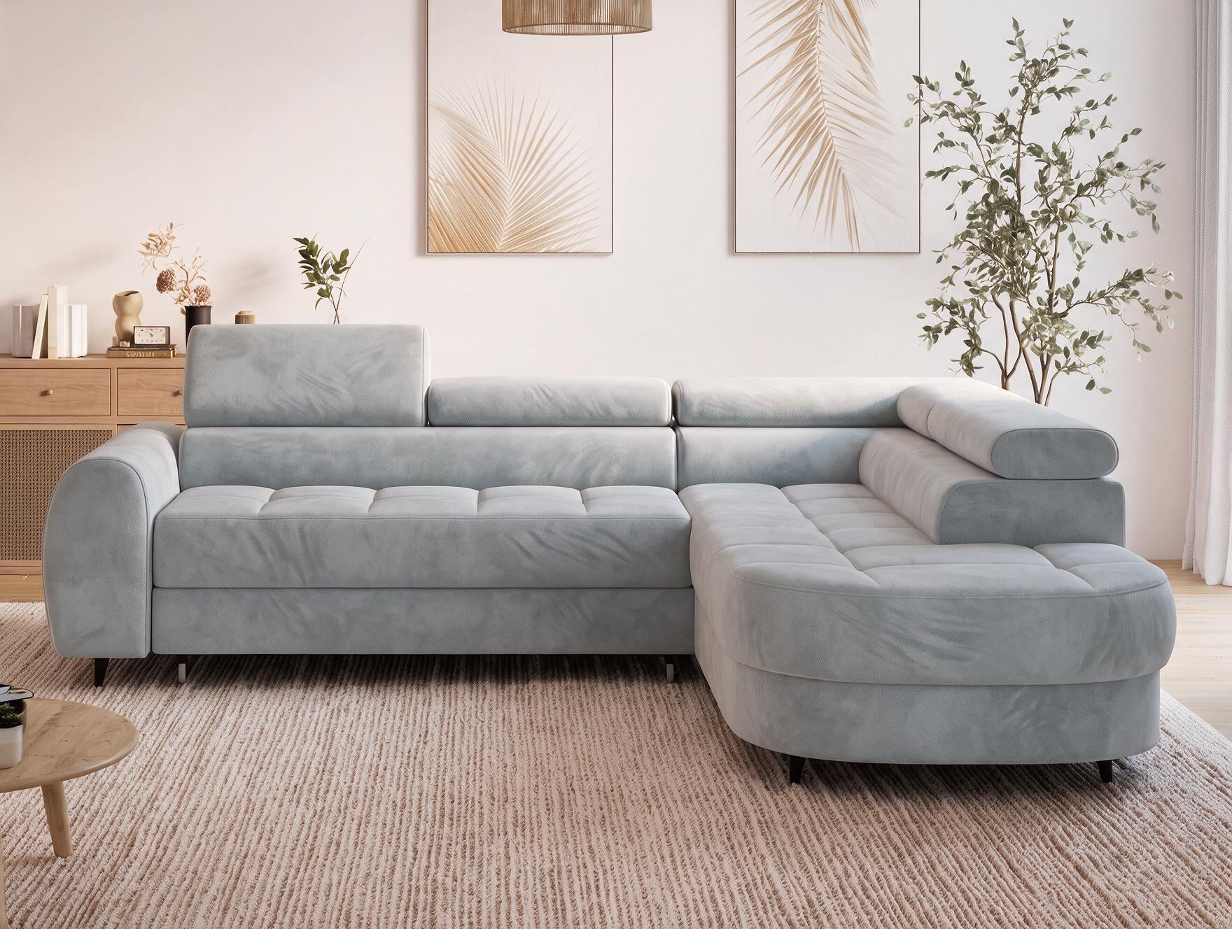 Canapé d'angle convertible design ALESIA avec coffre de rangement - Velours gris clair - vue 3
