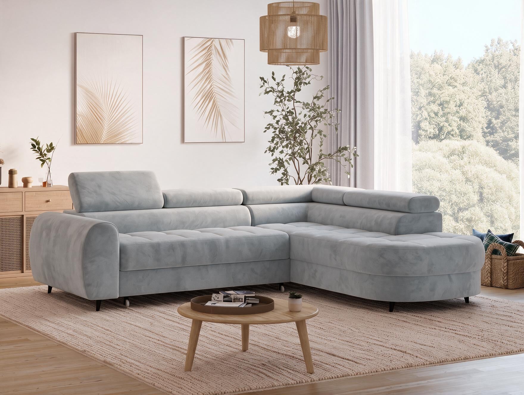 Canapé d'angle convertible design ALESIA avec coffre de rangement - Velours gris clair - vue 6