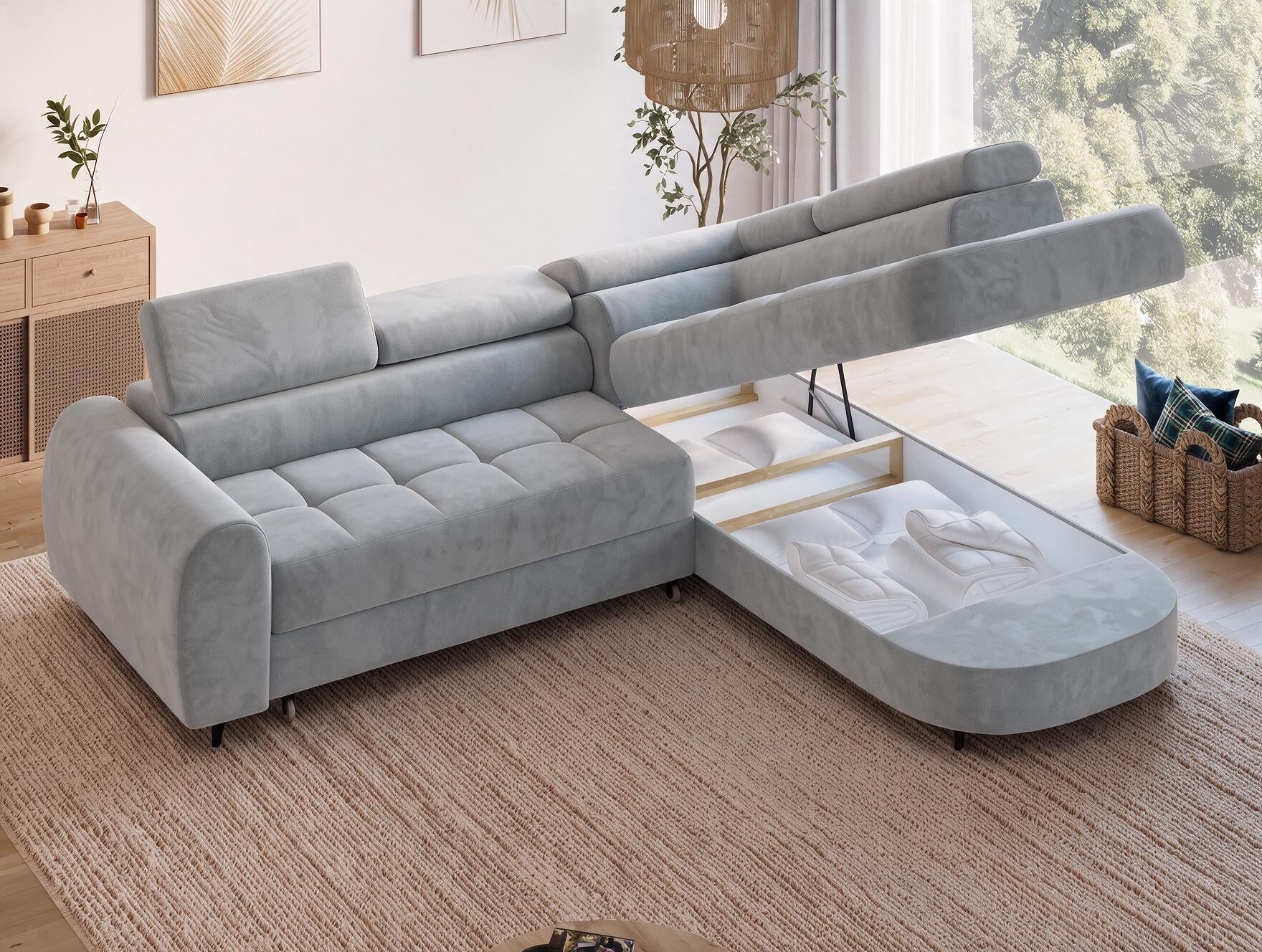 Canapé d'angle convertible design ALESIA avec coffre de rangement - Velours gris clair - vue 9