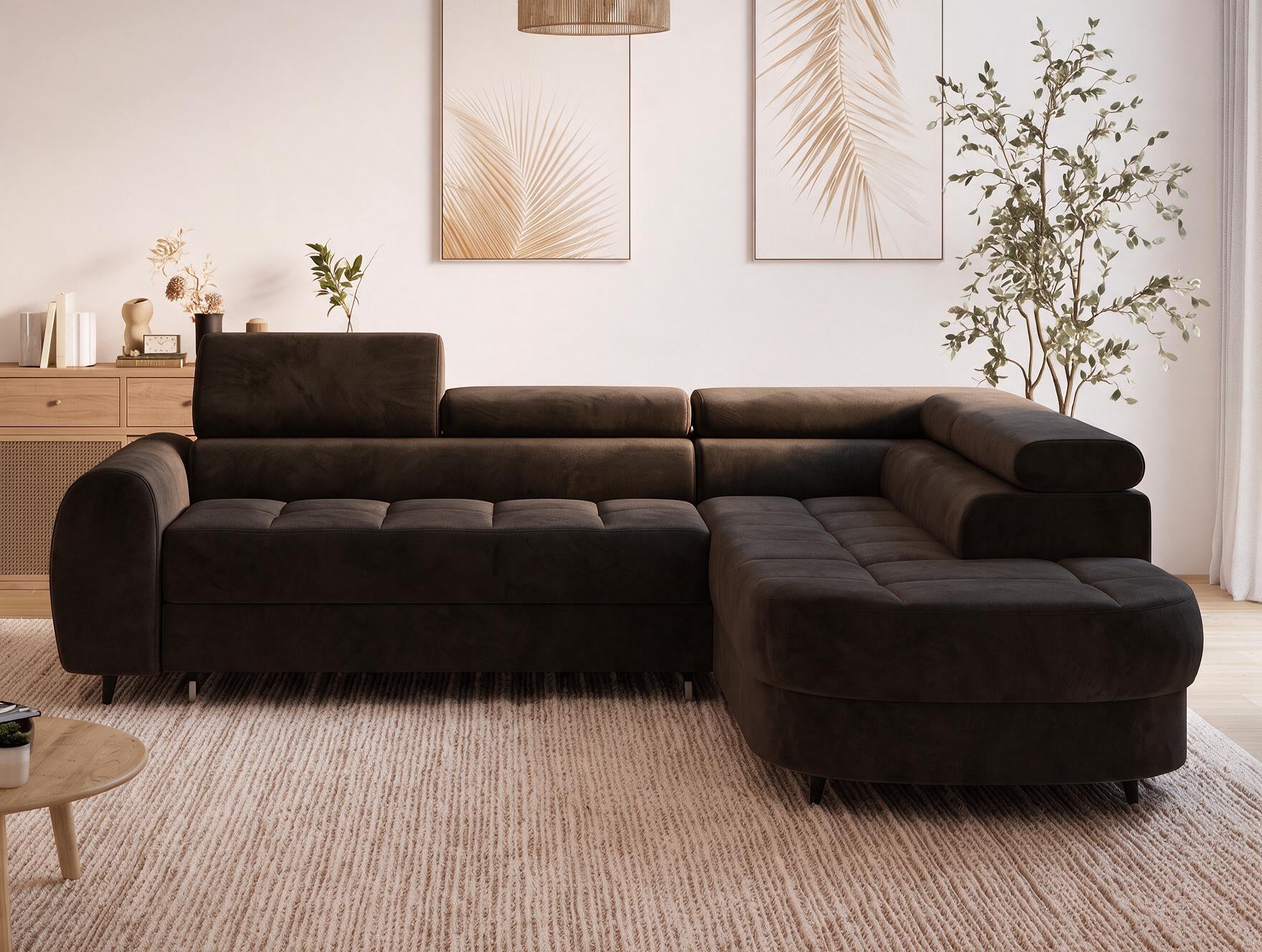 Canapé d'angle convertible design ALESIA avec coffre de rangement - Velours marron foncé - vue 14