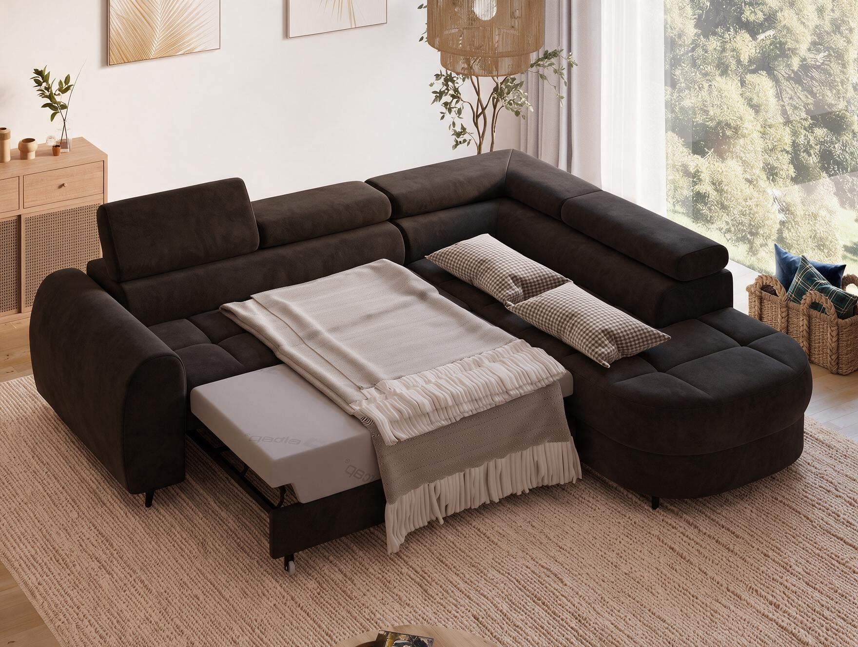 Canapé d'angle convertible design ALESIA avec coffre de rangement - Velours marron foncé - vue 2