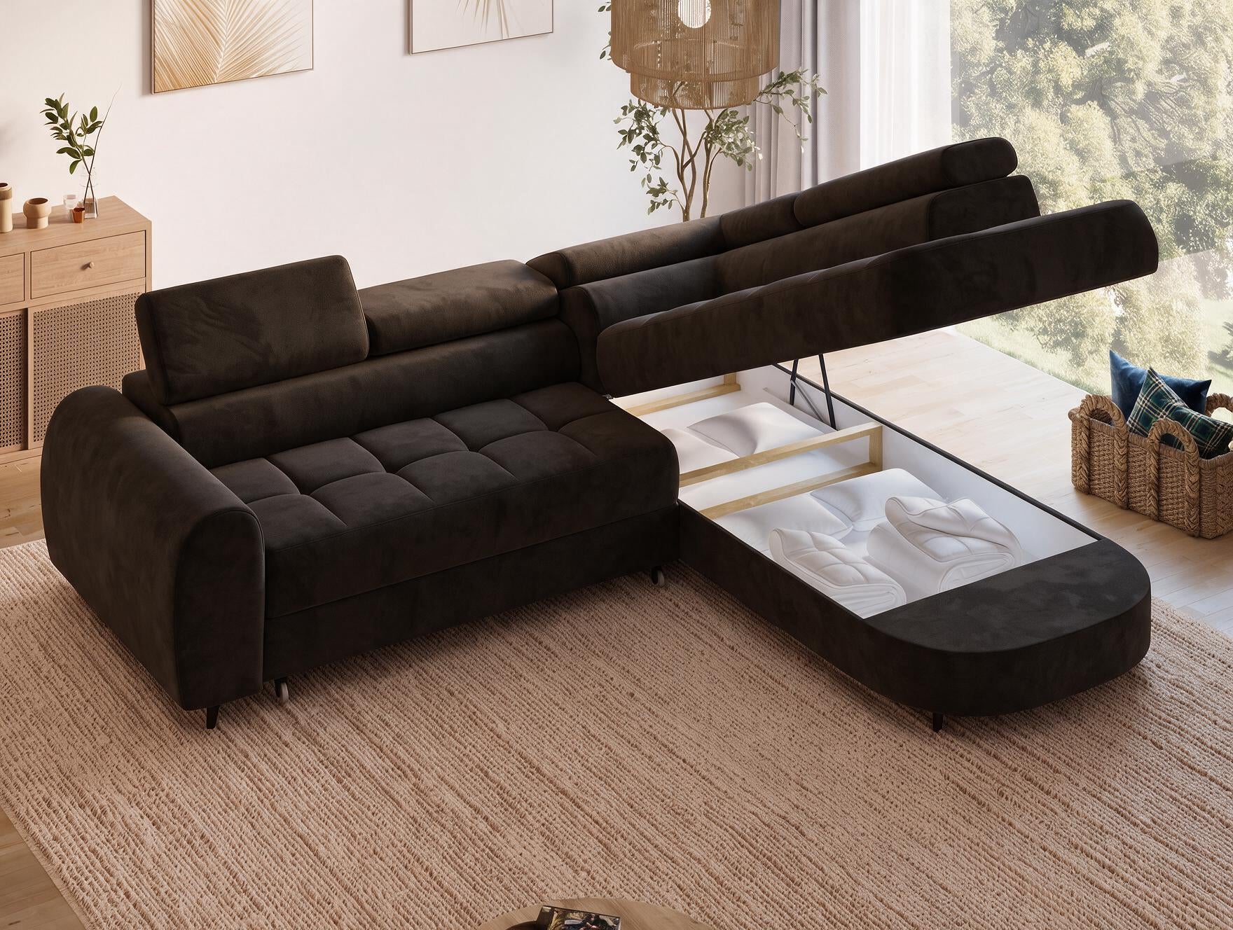 Canapé d'angle convertible design ALESIA avec coffre de rangement - Velours marron foncé - vue 9