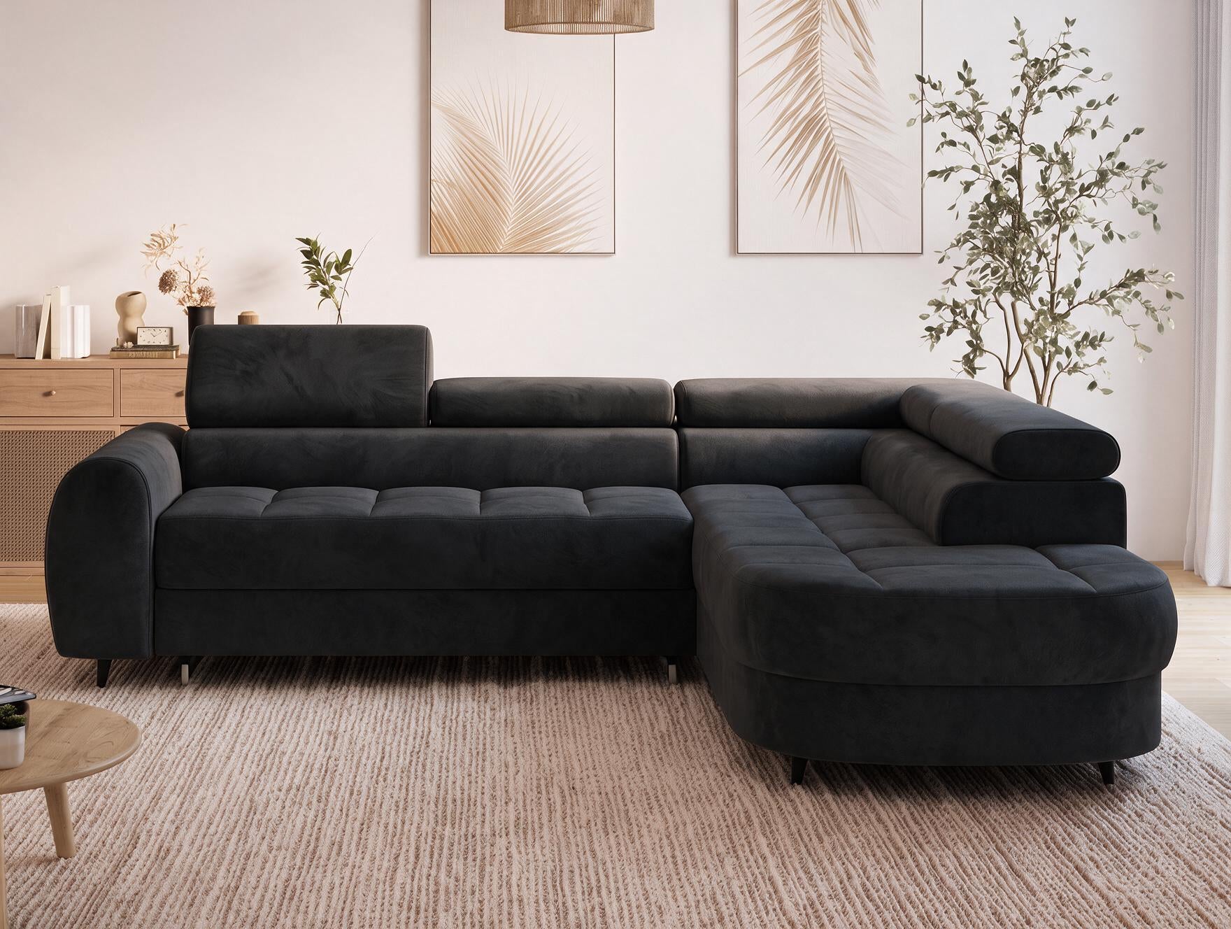 Canapé d'angle convertible design ALESIA avec coffre de rangement - Velours noir - vue 14