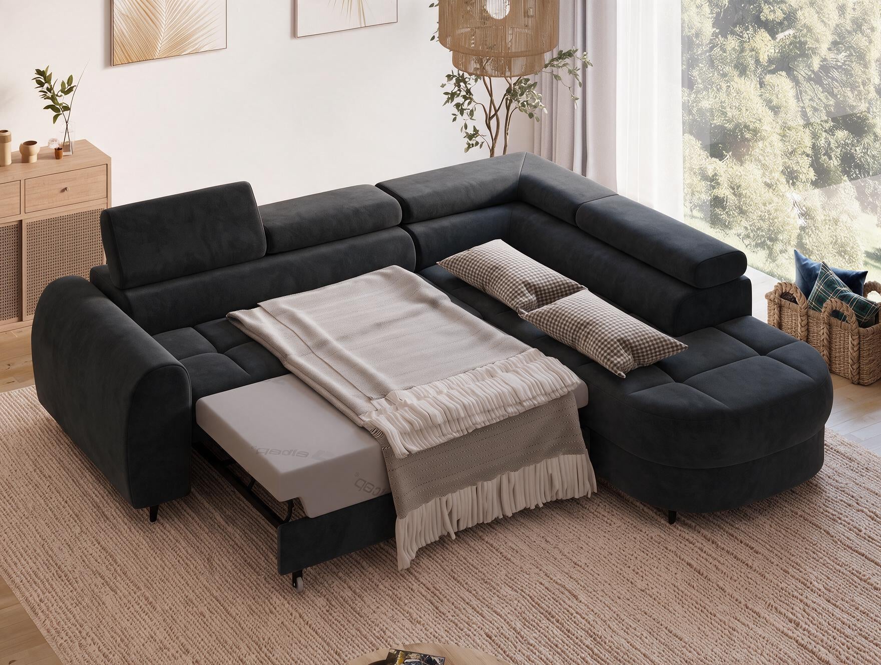 Canapé d'angle convertible design ALESIA avec coffre de rangement - Velours noir - vue 2