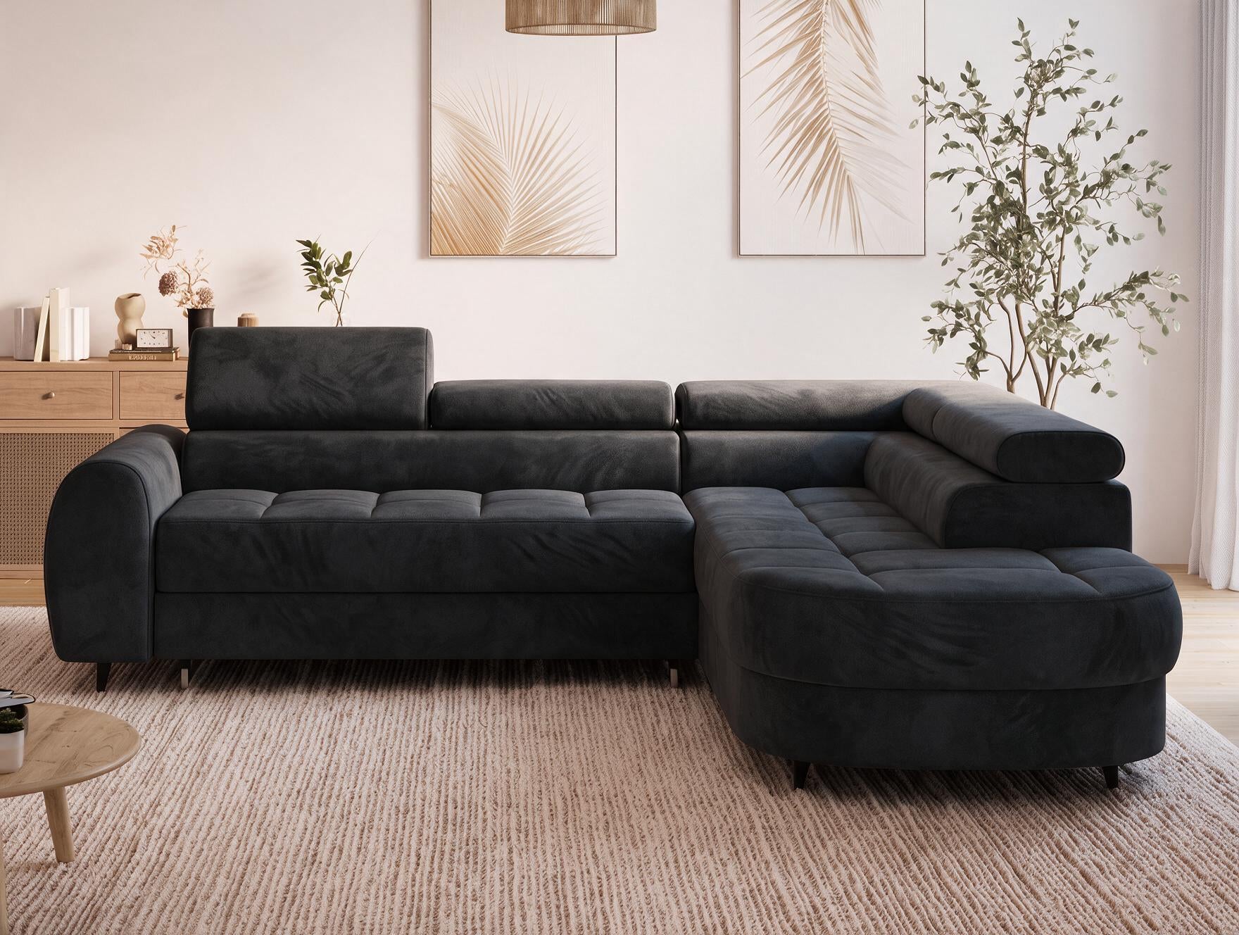 Canapé d'angle convertible design ALESIA avec coffre de rangement - Velours noir - vue 3
