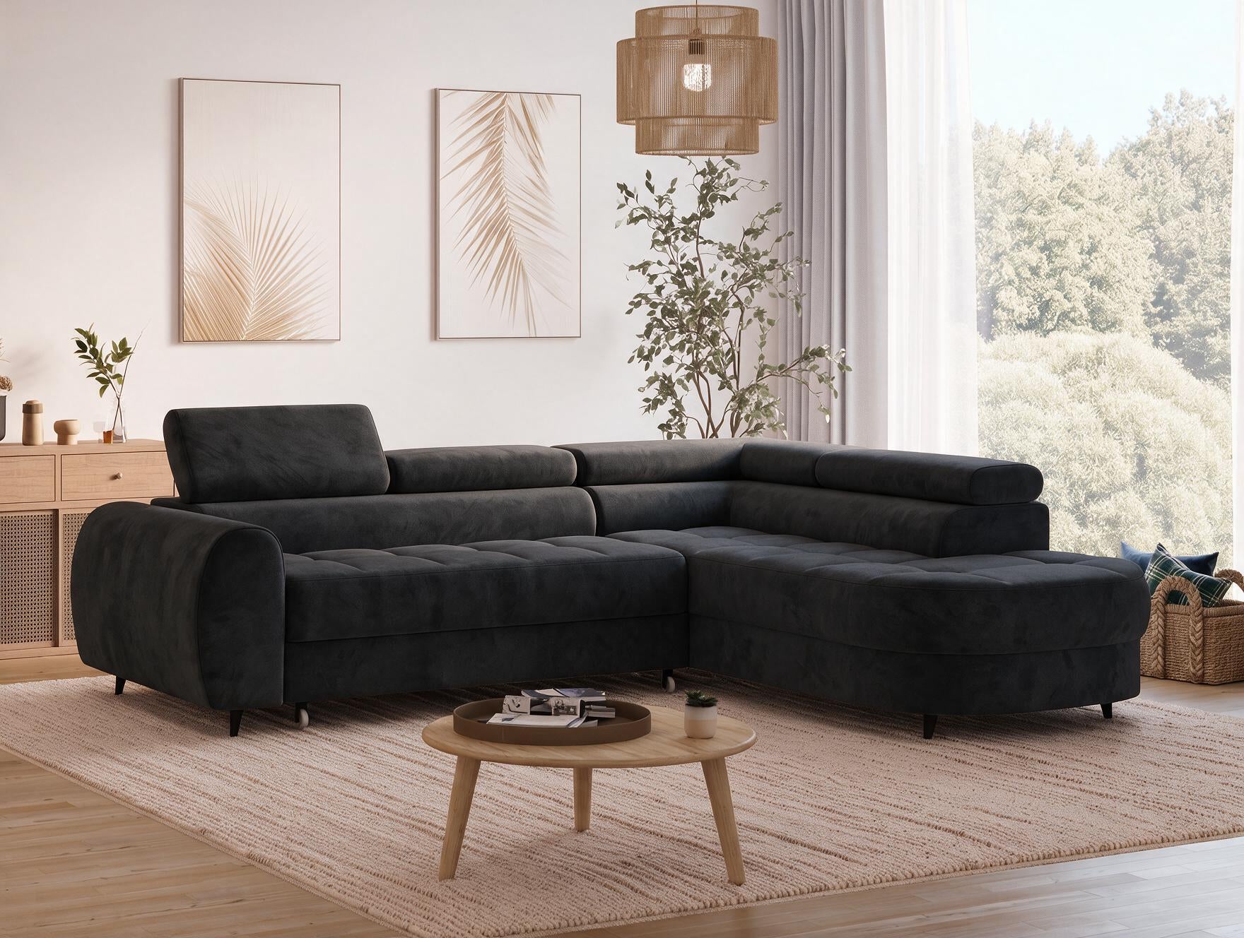 Canapé d'angle convertible design ALESIA avec coffre de rangement - Velours noir - vue 6
