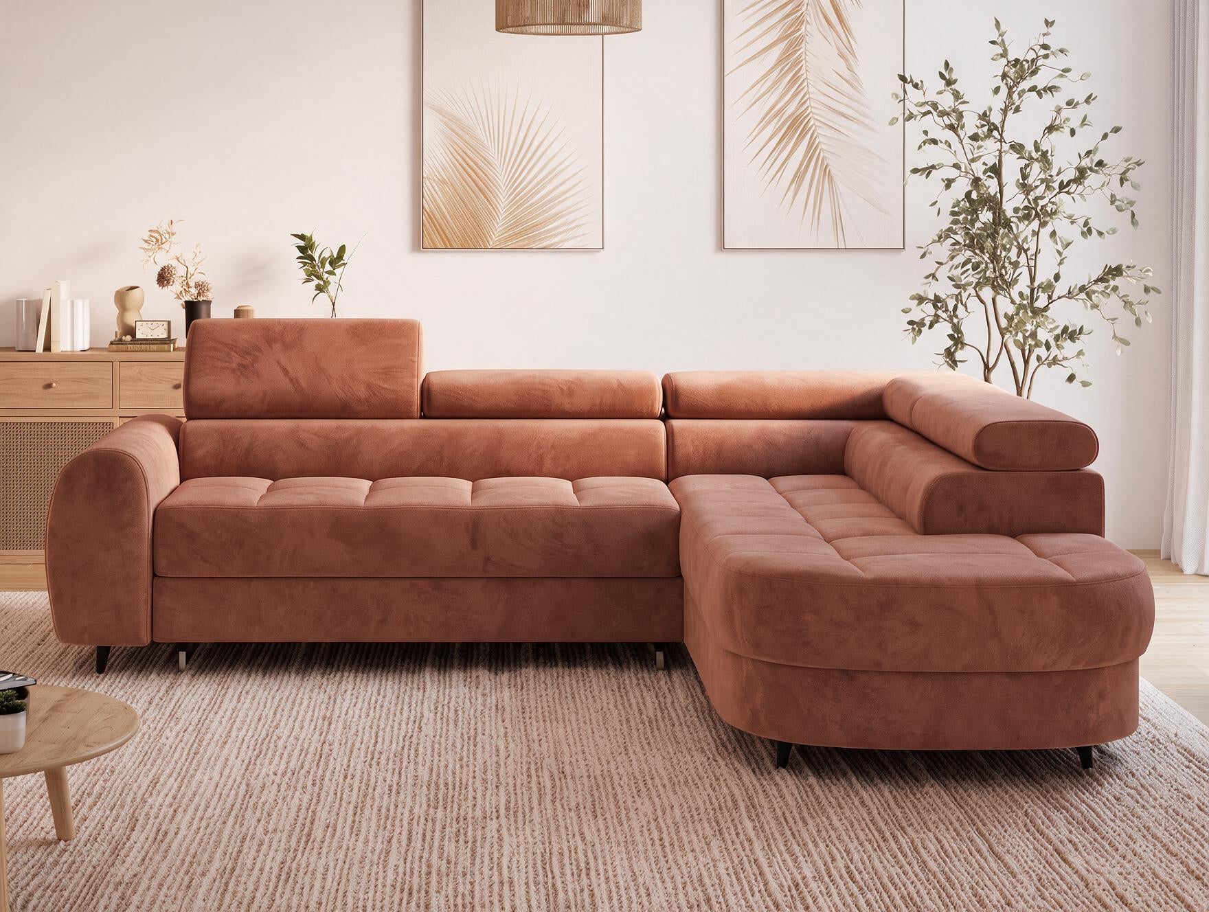 Canapé d'angle convertible design ALESIA avec coffre de rangement - Velours terracotta - vue 14
