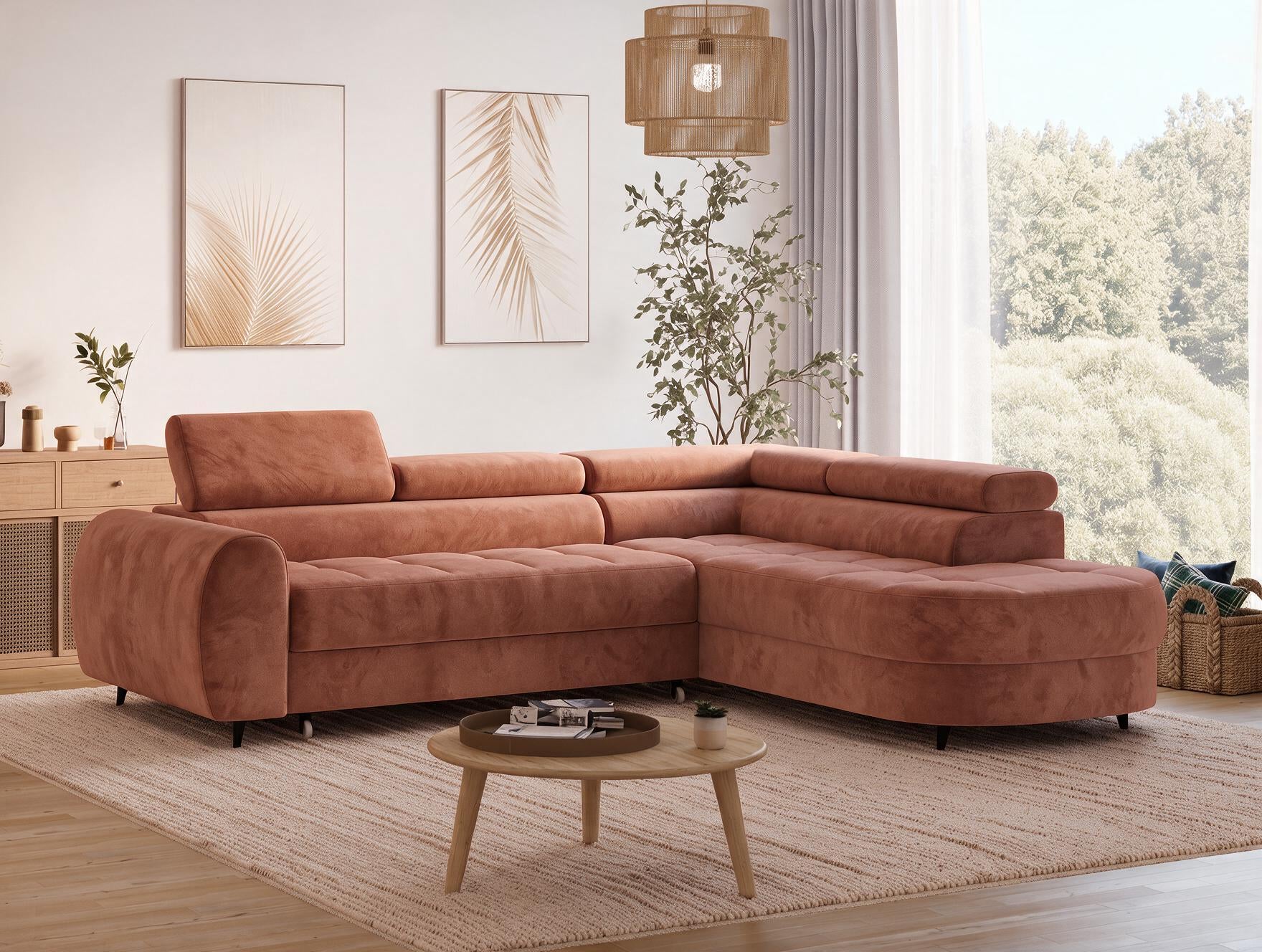 Canapé d'angle convertible design ALESIA avec coffre de rangement - Velours terracotta - vue 6