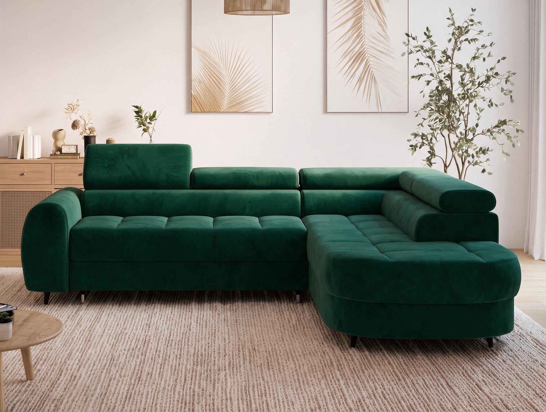 Canapé d'angle convertible design ALESIA avec coffre de rangement - Velours vert sapin - vue 14