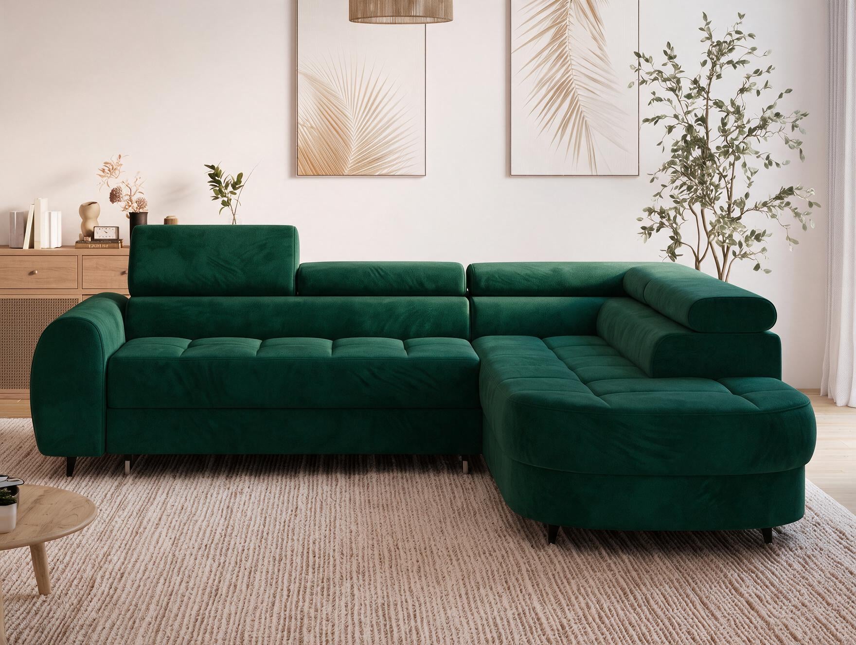 Canapé d'angle convertible design ALESIA avec coffre de rangement - Velours vert sapin - vue 3