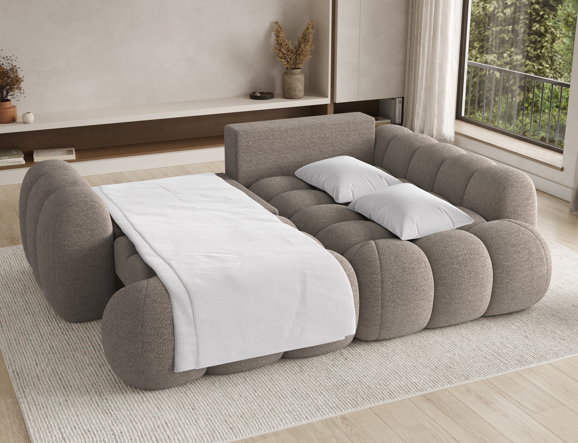 Canapé d'angle convertible design AUBER avec coffre de rangement - Bouclette chinée taupe - vue 2