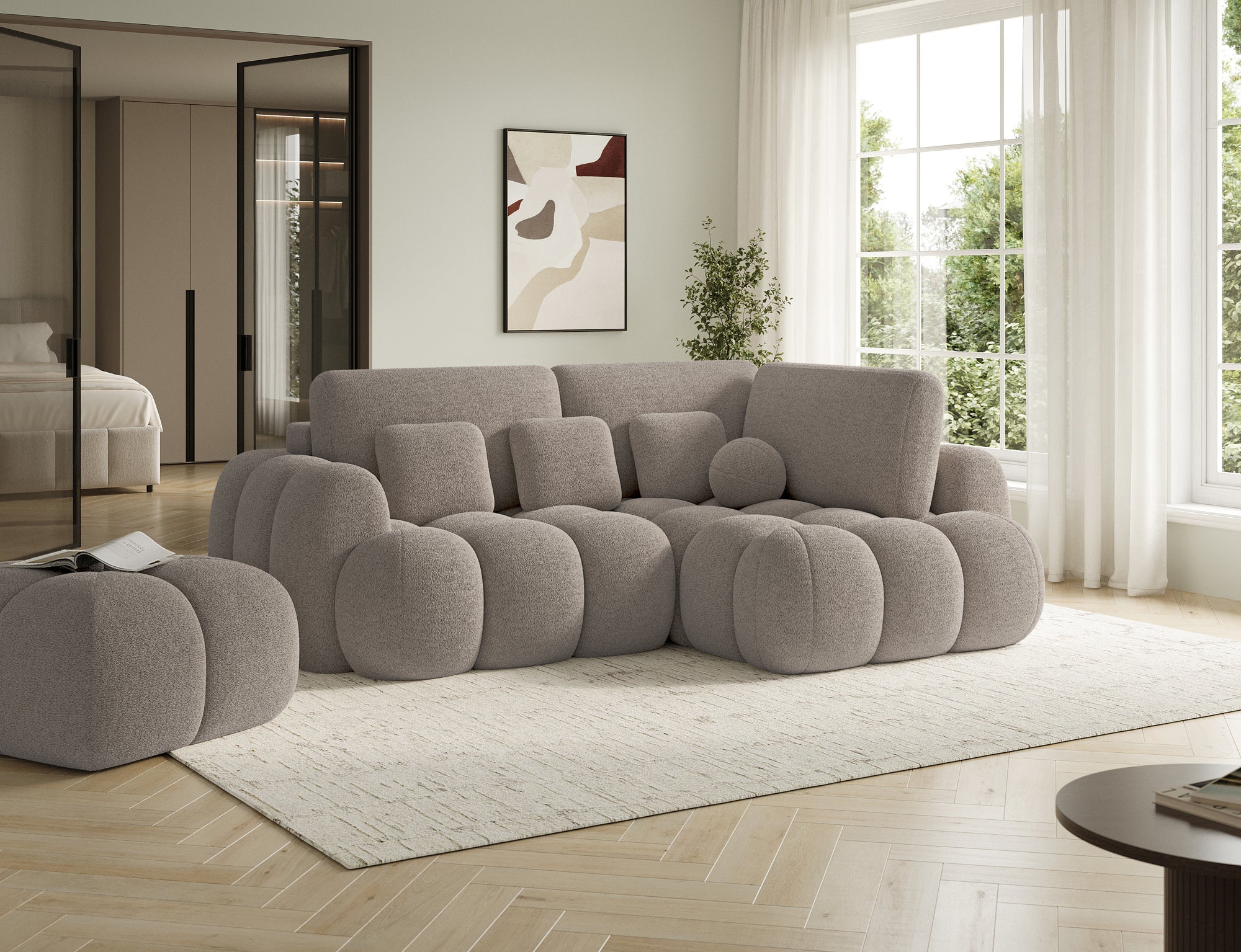 Canapé d'angle convertible design AUBER avec coffre de rangement - Bouclette chinée taupe - vue 5