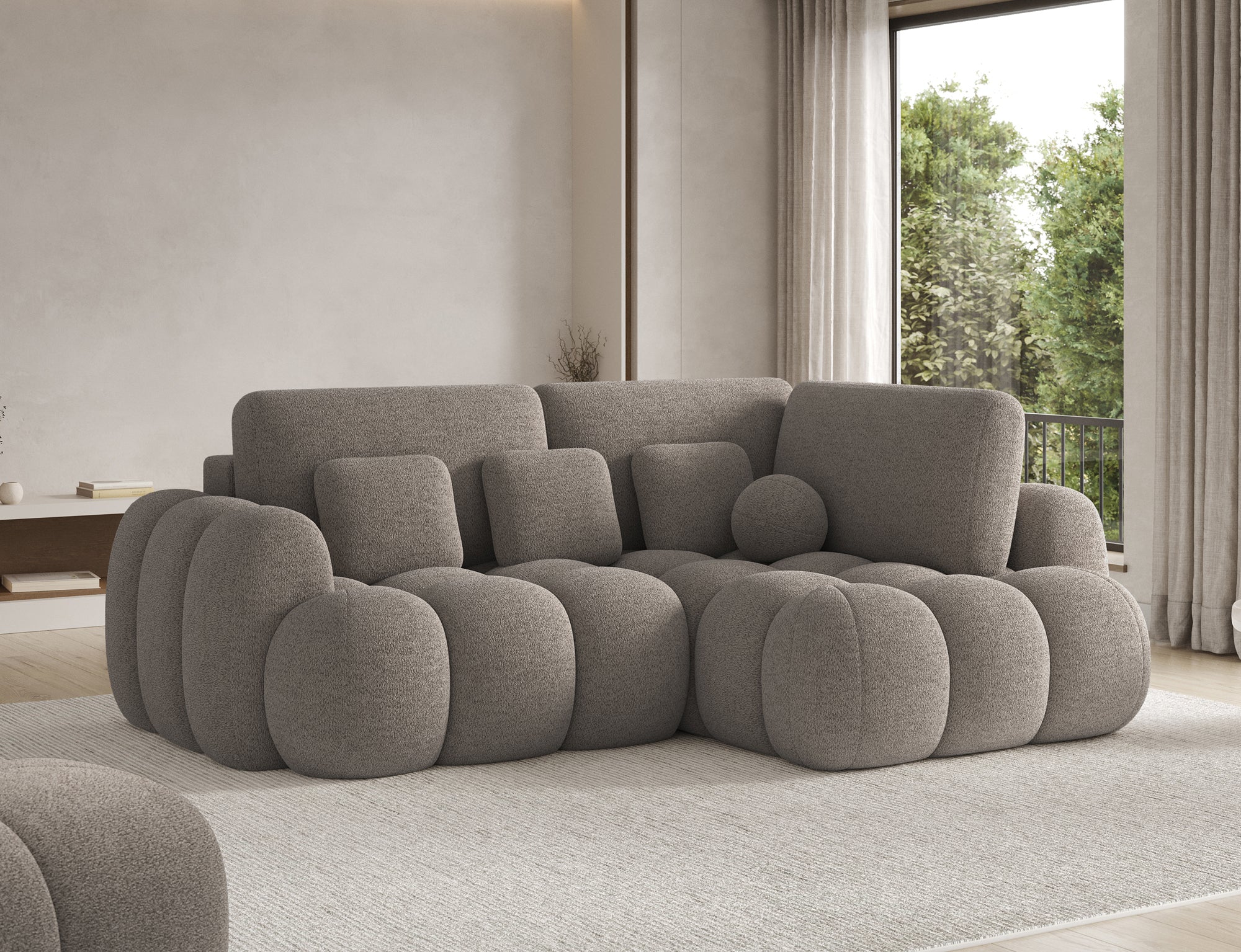 Canapé d'angle convertible design AUBER avec coffre de rangement - Bouclette chinée taupe - vue 6