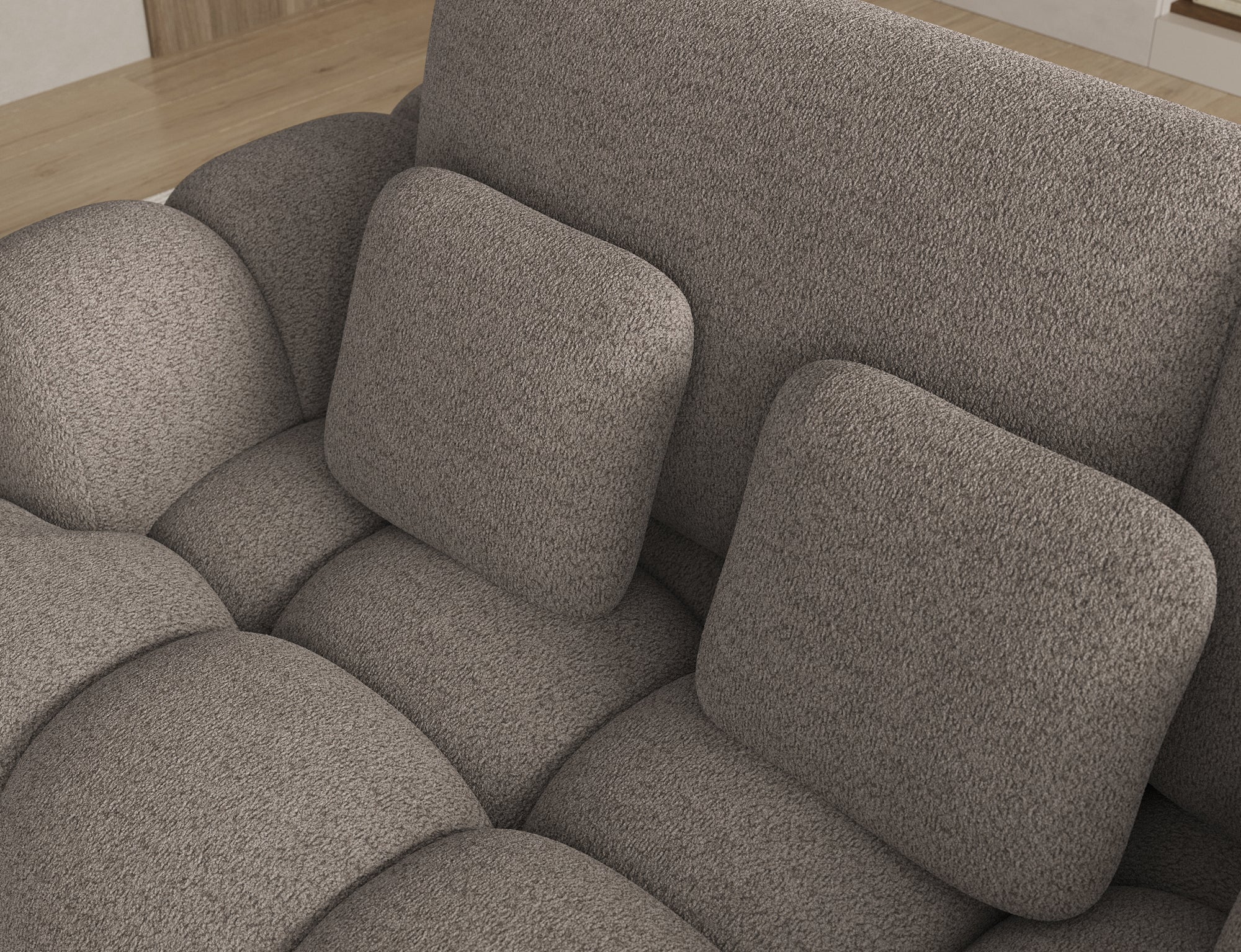 Canapé d'angle convertible design AUBER avec coffre de rangement - Bouclette chinée taupe - vue 7