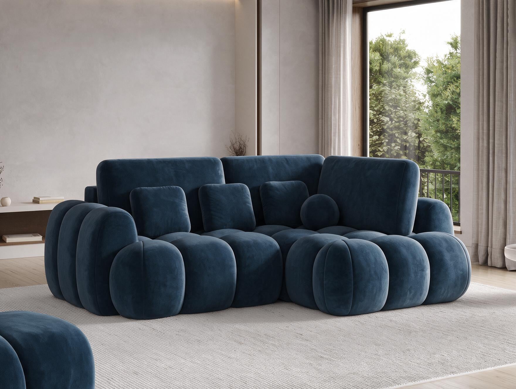 Canapé d'angle convertible design AUBER avec coffre de rangement - Velours bleu marine - vue 6