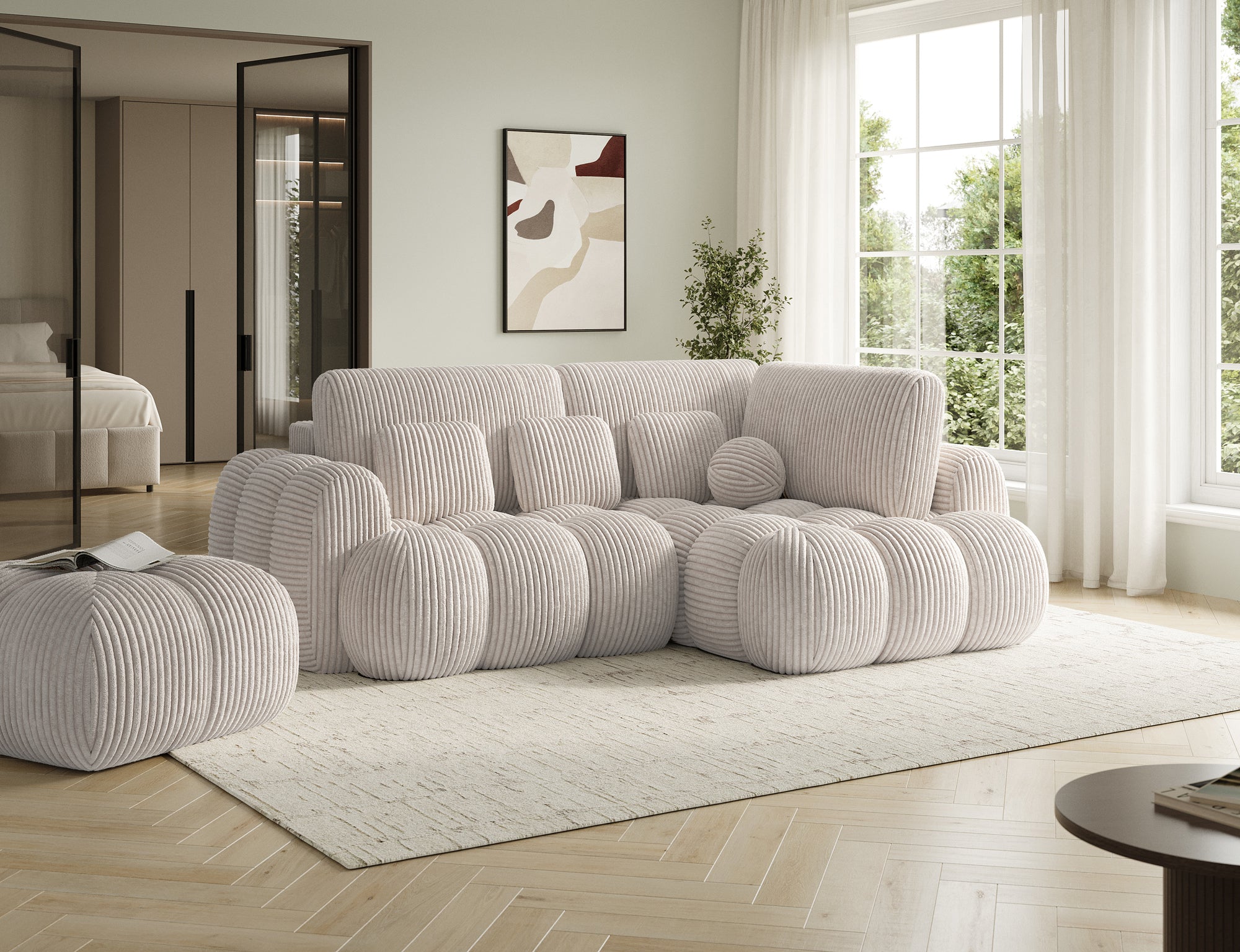 Canapé d'angle convertible design AUBER avec coffre de rangement - Velours côtelé épais beige - vue 5