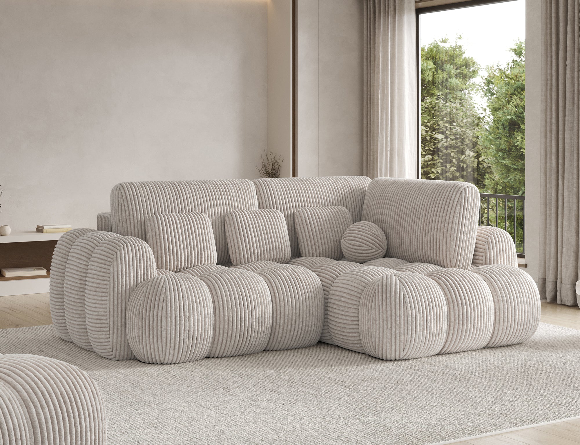 Canapé d'angle convertible design AUBER avec coffre de rangement - Velours côtelé épais beige - vue 6