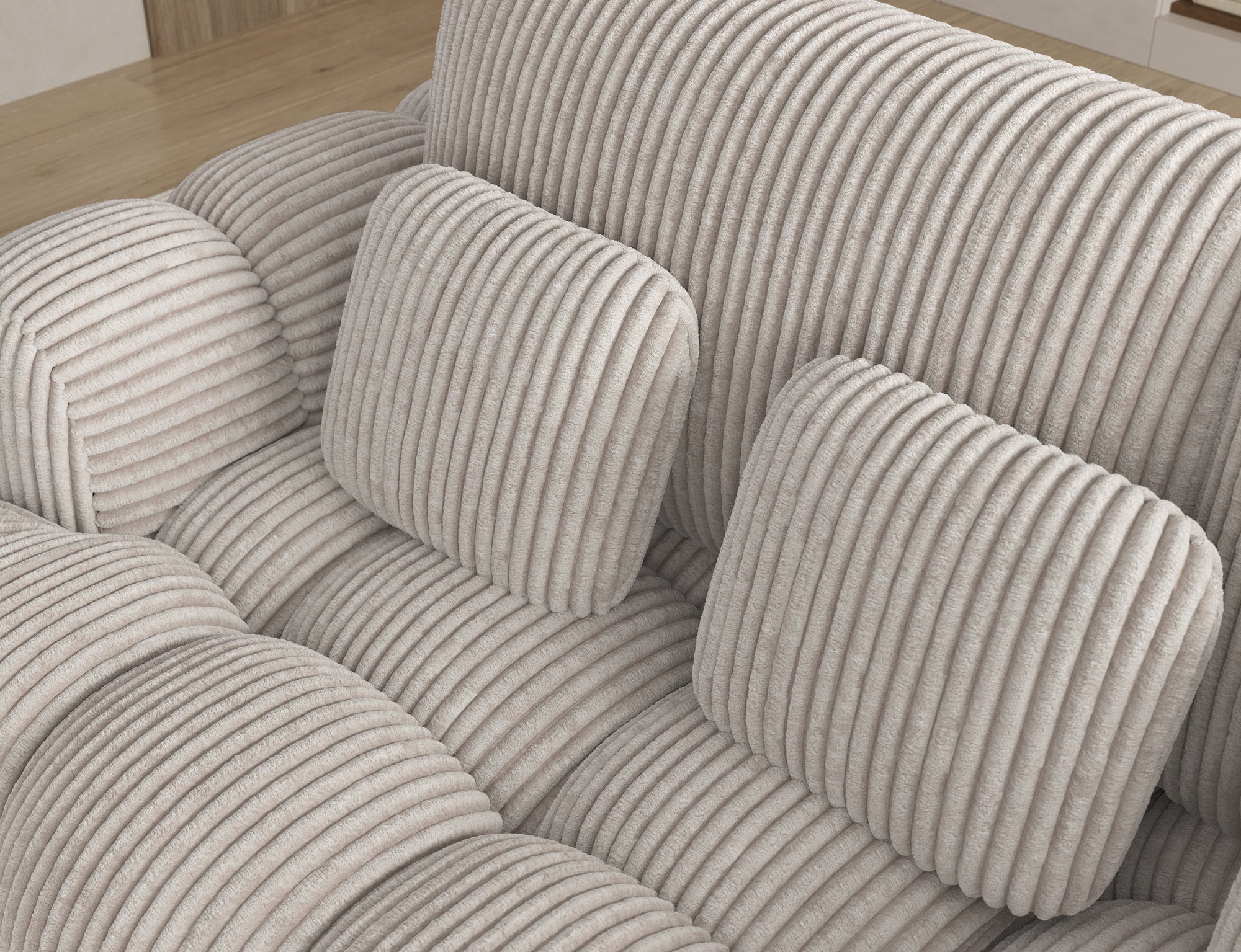 Canapé d'angle convertible design AUBER avec coffre de rangement - Velours côtelé épais beige - vue 7