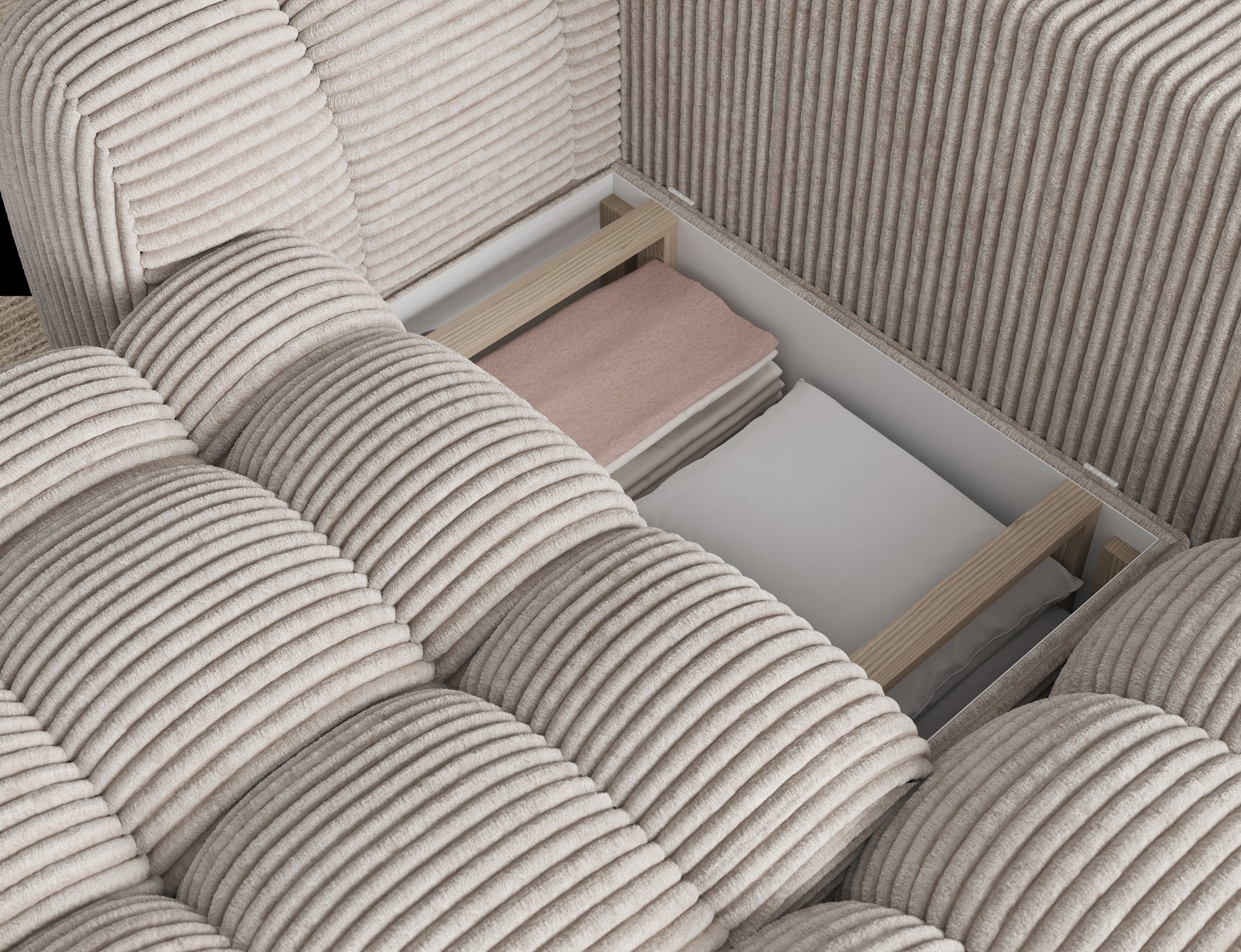 Canapé d'angle convertible design AUBER avec coffre de rangement - Velours côtelé épais beige - vue 9