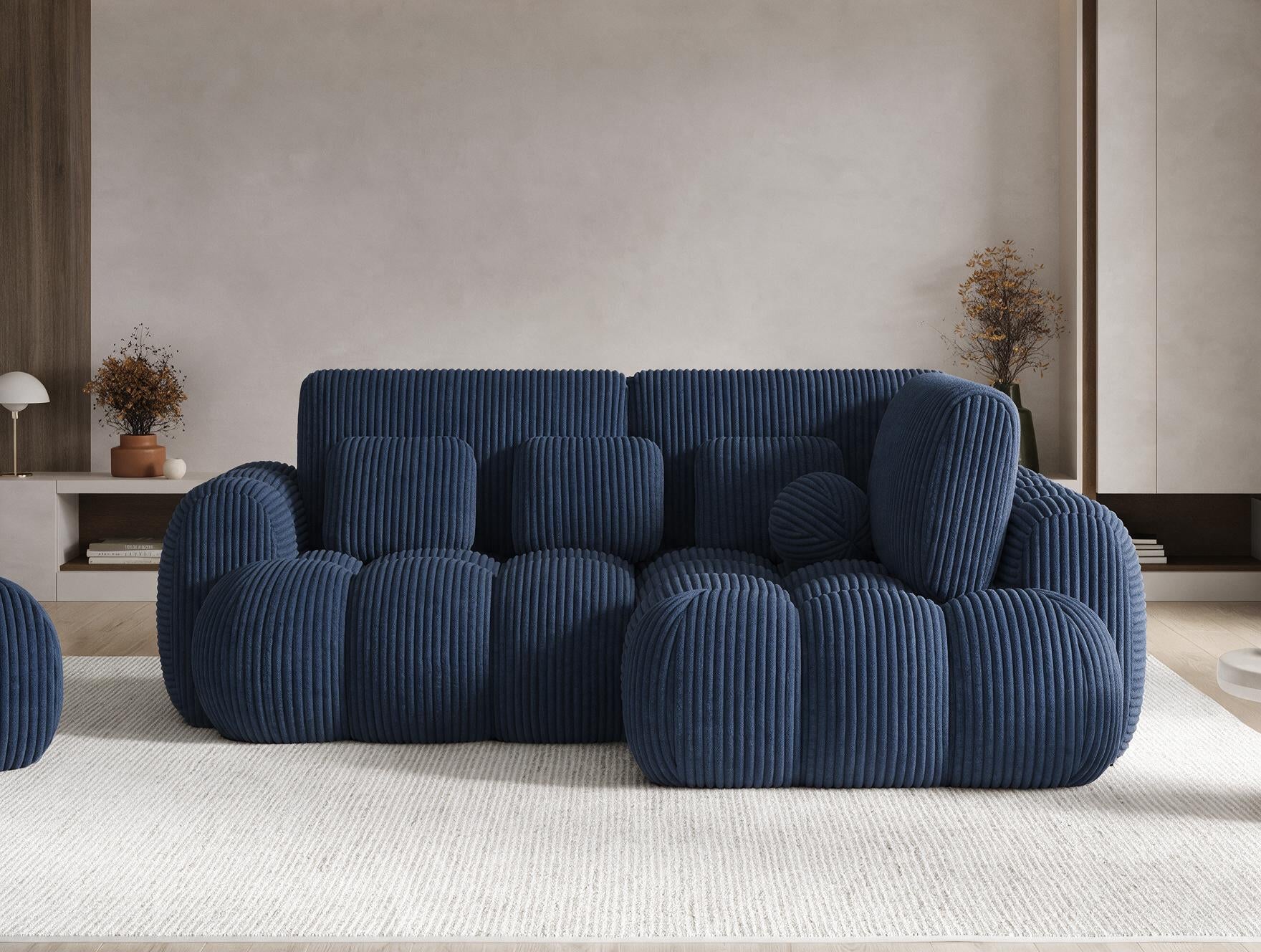 Canapé d'angle convertible design AUBER avec coffre de rangement - Velours côtelé épais bleu - vue 3