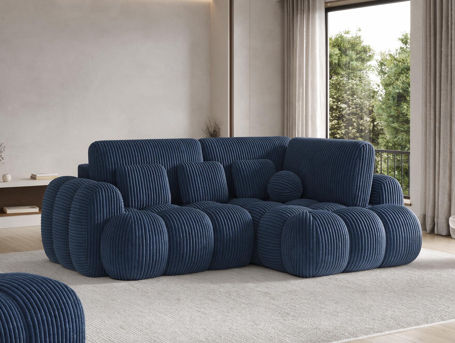 Canapé d'angle convertible design AUBER avec coffre de rangement - Velours côtelé épais bleu - vue 6