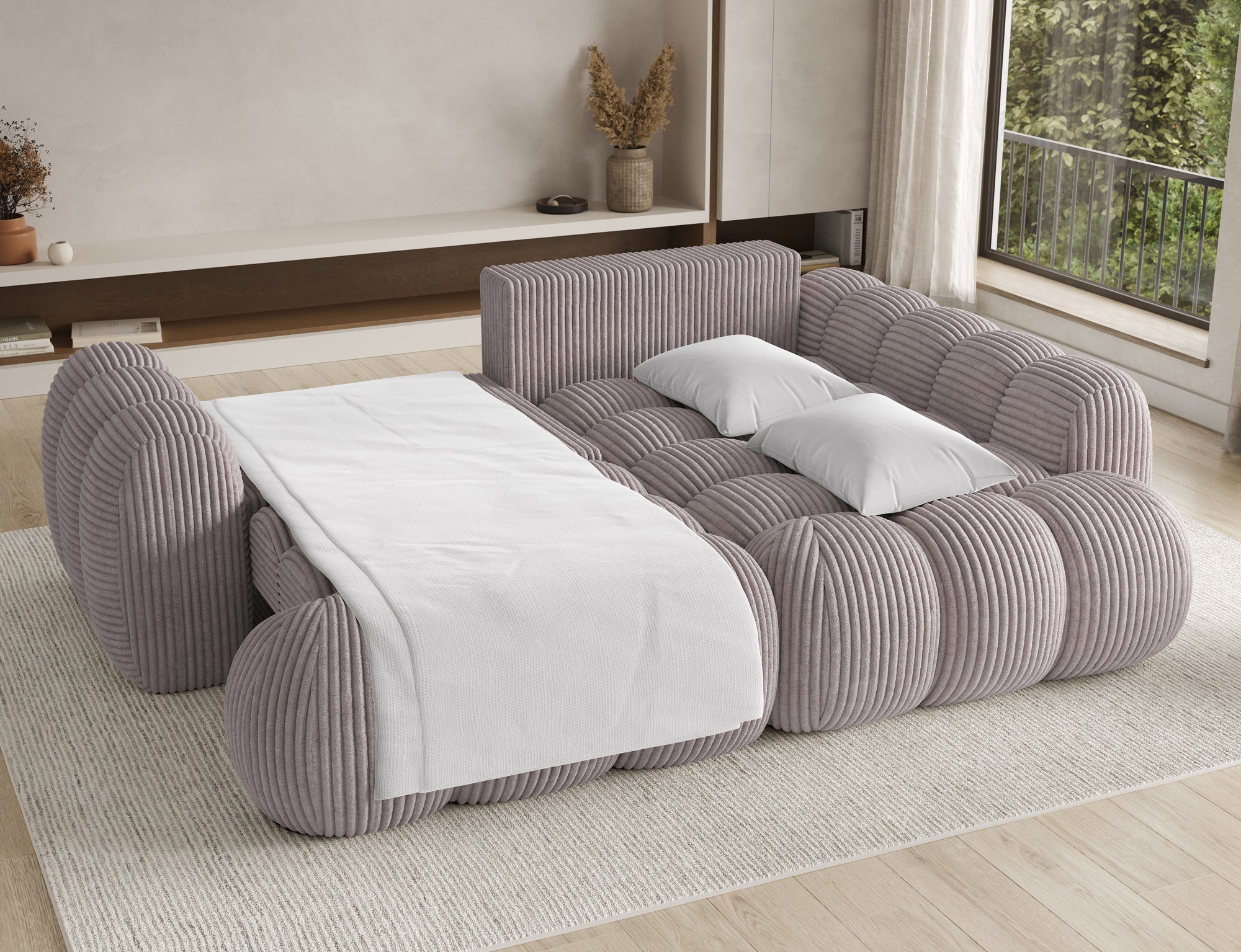 Canapé d'angle convertible design AUBER avec coffre de rangement - Velours côtelé épais gris clair - vue 2