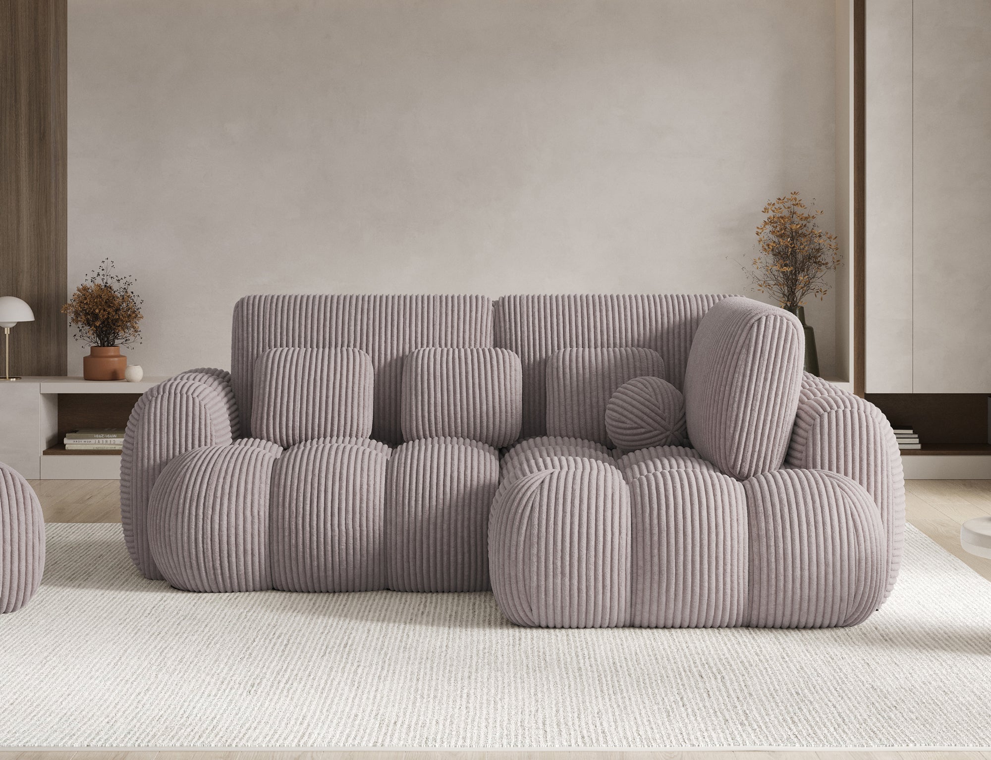 Canapé d'angle convertible design AUBER avec coffre de rangement - Velours côtelé épais gris clair - vue 3
