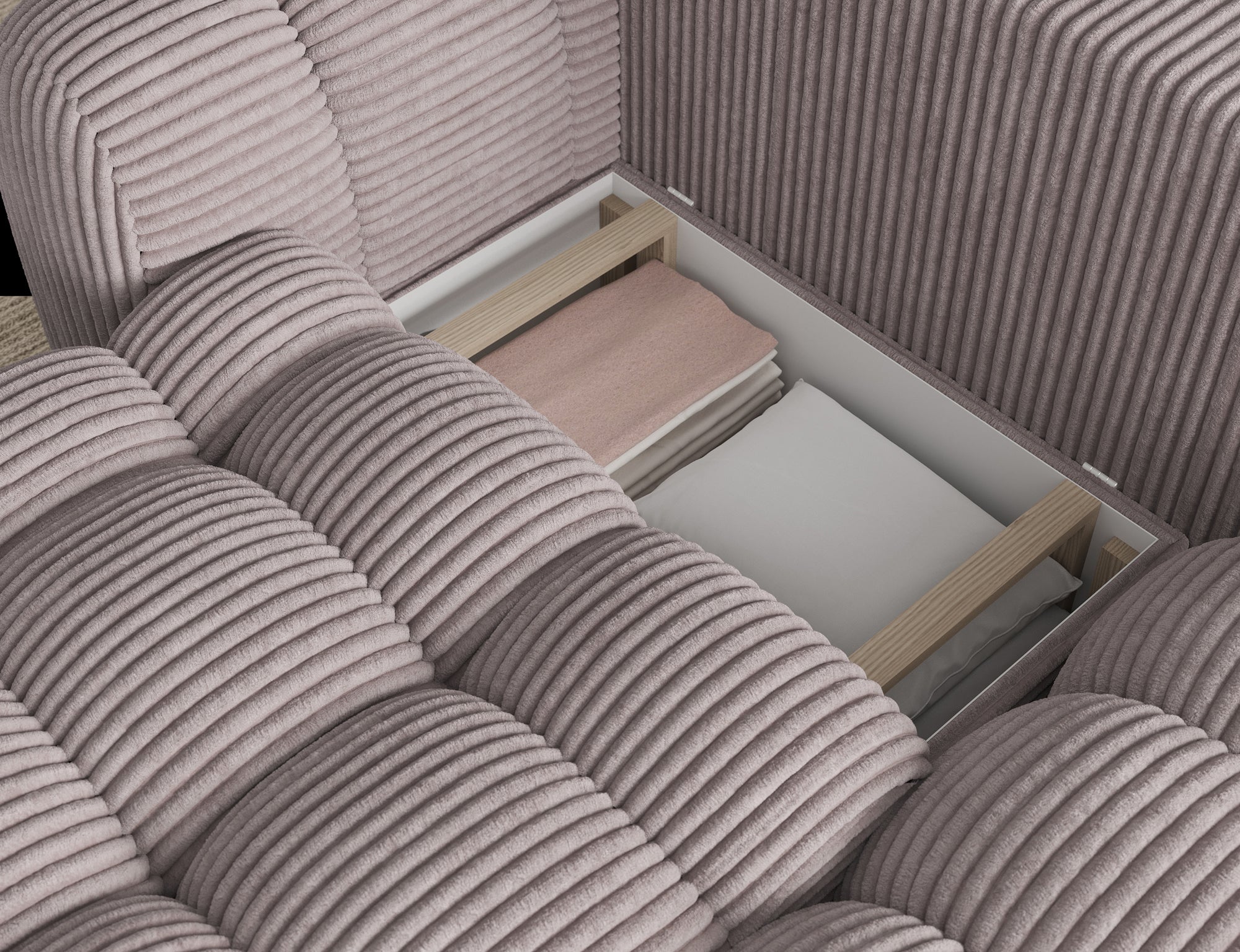 Canapé d'angle convertible design AUBER avec coffre de rangement - Velours côtelé épais gris clair - vue 9