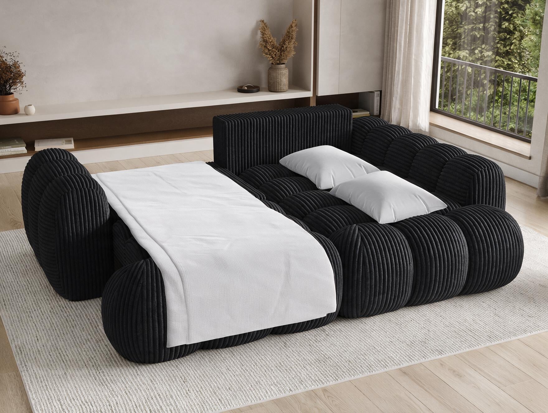 Canapé d'angle convertible design AUBER avec coffre de rangement - Velours côtelé épais noir - vue 2
