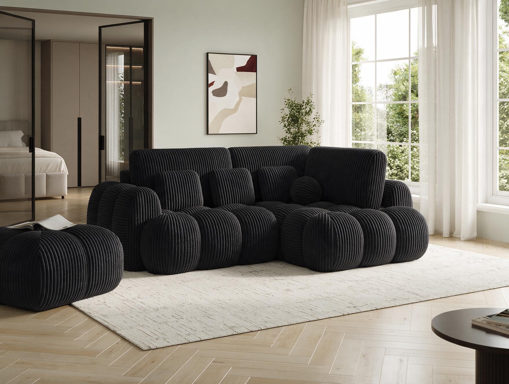 Canapé d'angle convertible design AUBER avec coffre de rangement - Velours côtelé épais noir - vue 5