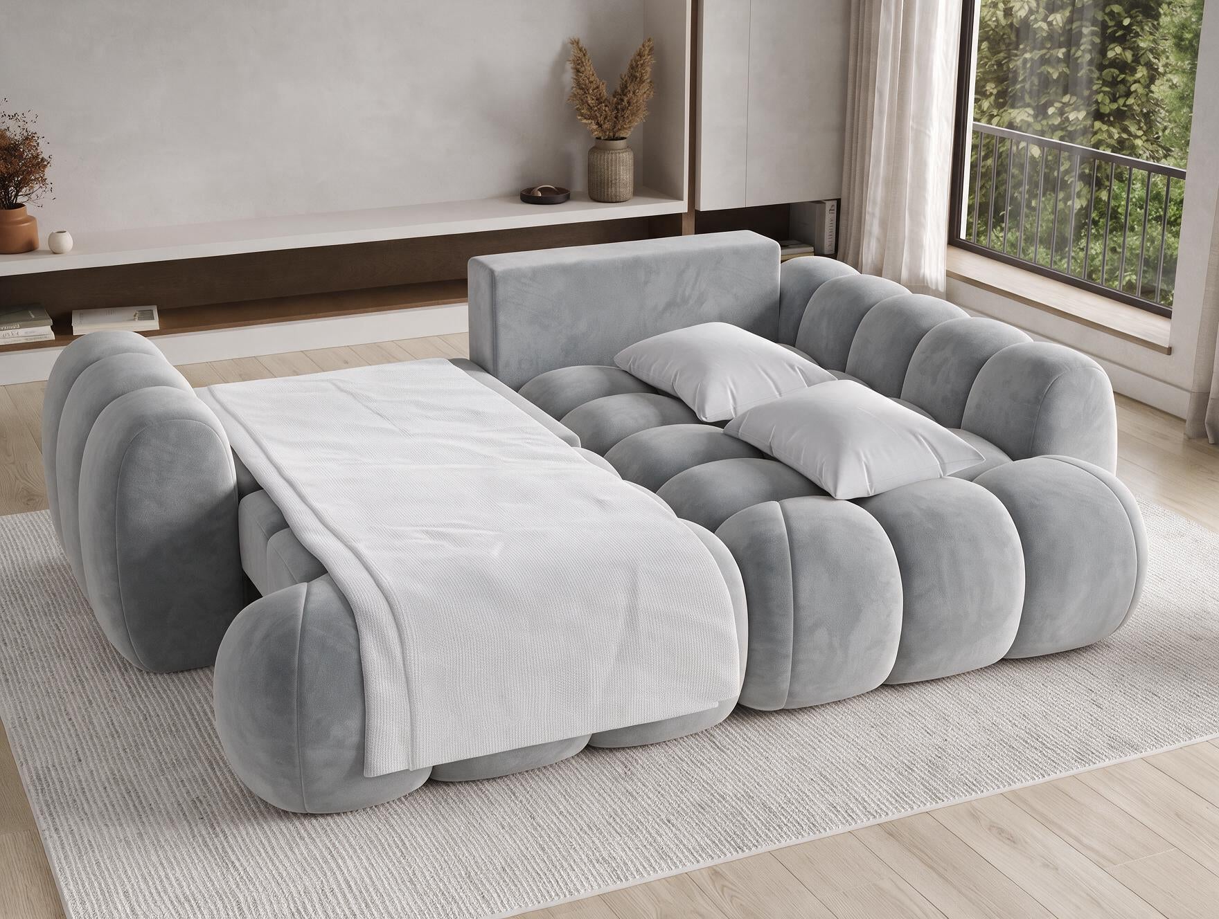 Canapé d'angle convertible design AUBER avec coffre de rangement - Velours gris clair - vue 2