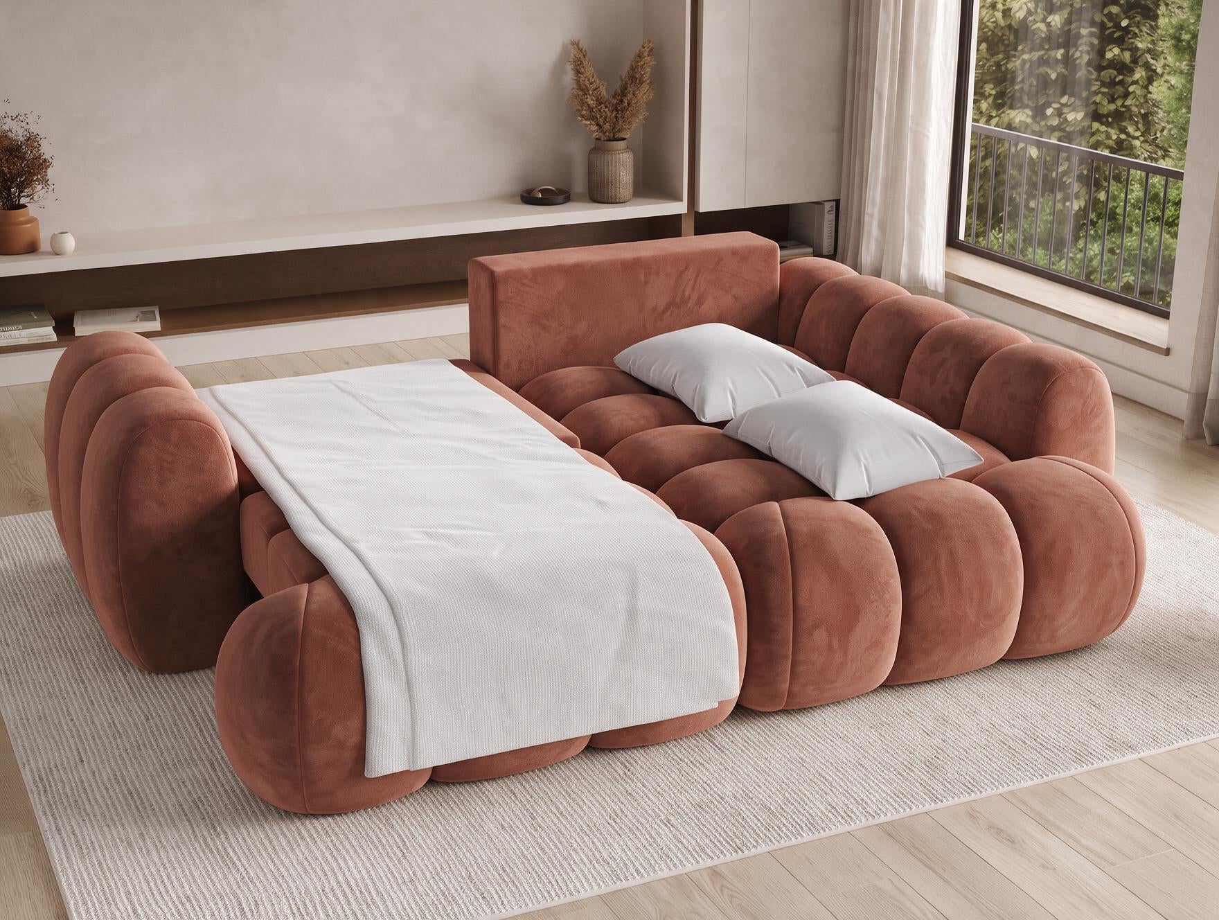 Canapé d'angle convertible design AUBER avec coffre de rangement - Velours terracotta - vue 2