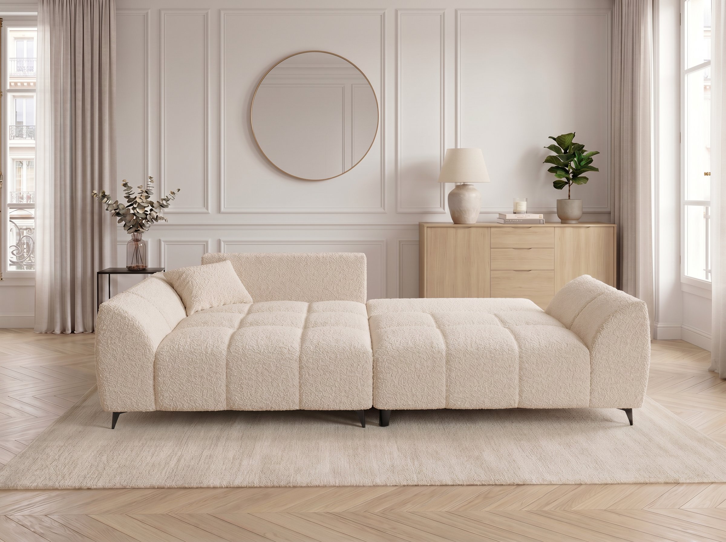 Canapé d'angle convertible BATIGNOLLES bouclé beige avec coffre de rangement - vue 10